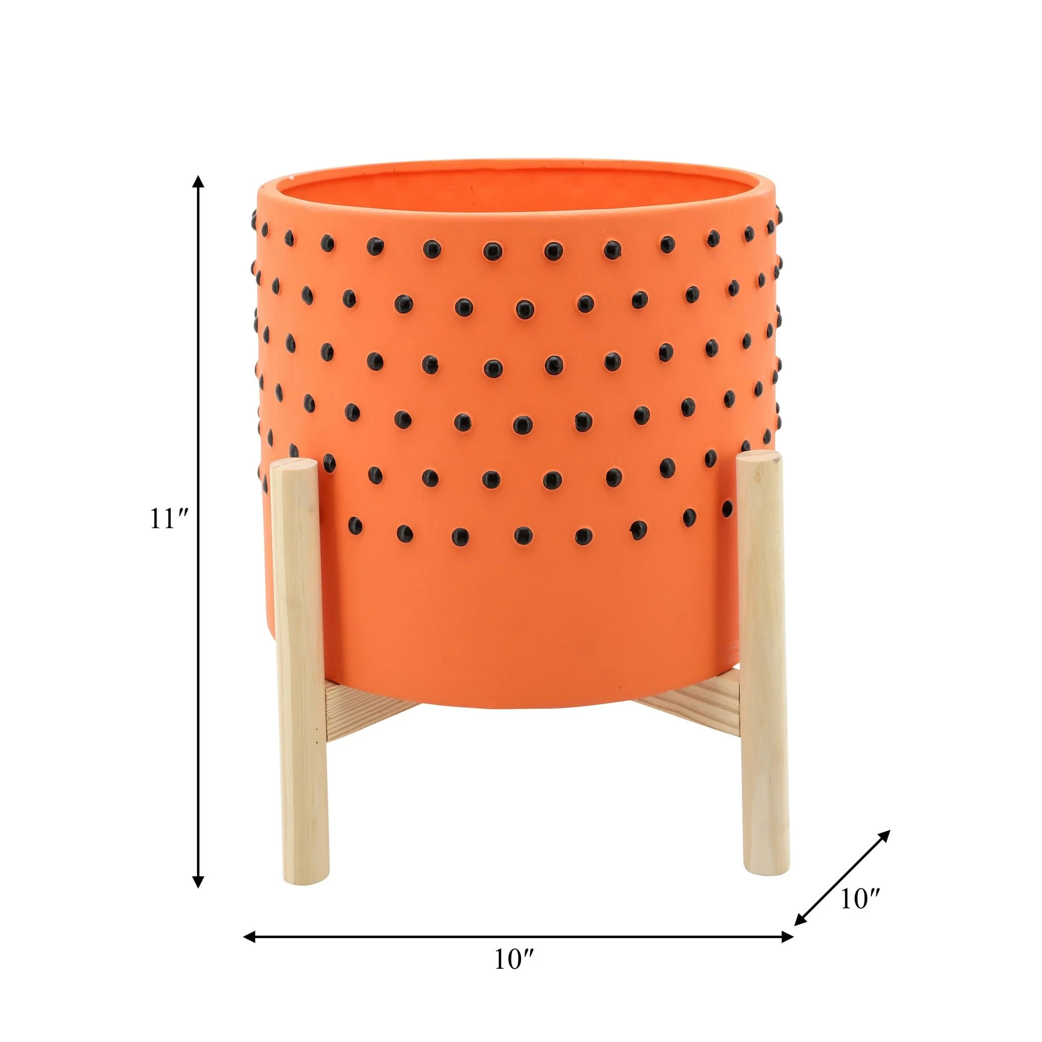 10" Dotted Planter W/ Wood Stand, Orange - Image 3