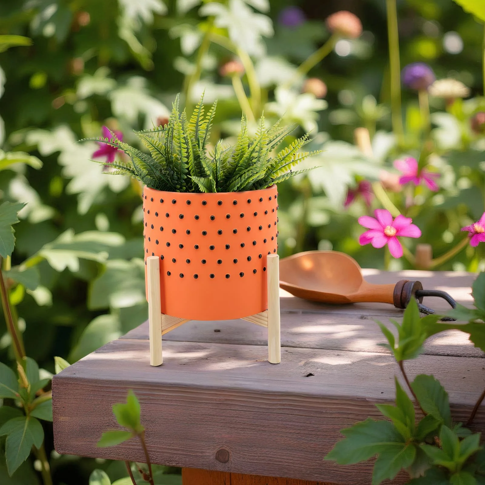 10" Dotted Planter W/ Wood Stand, Orange - Image 5