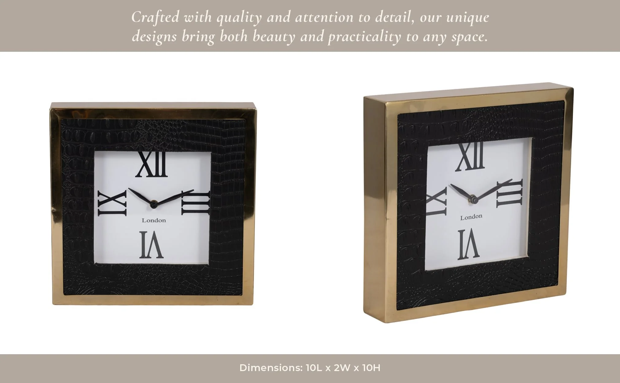 10" Faux Leather Croc Square Clock, Black/gold - Image 12