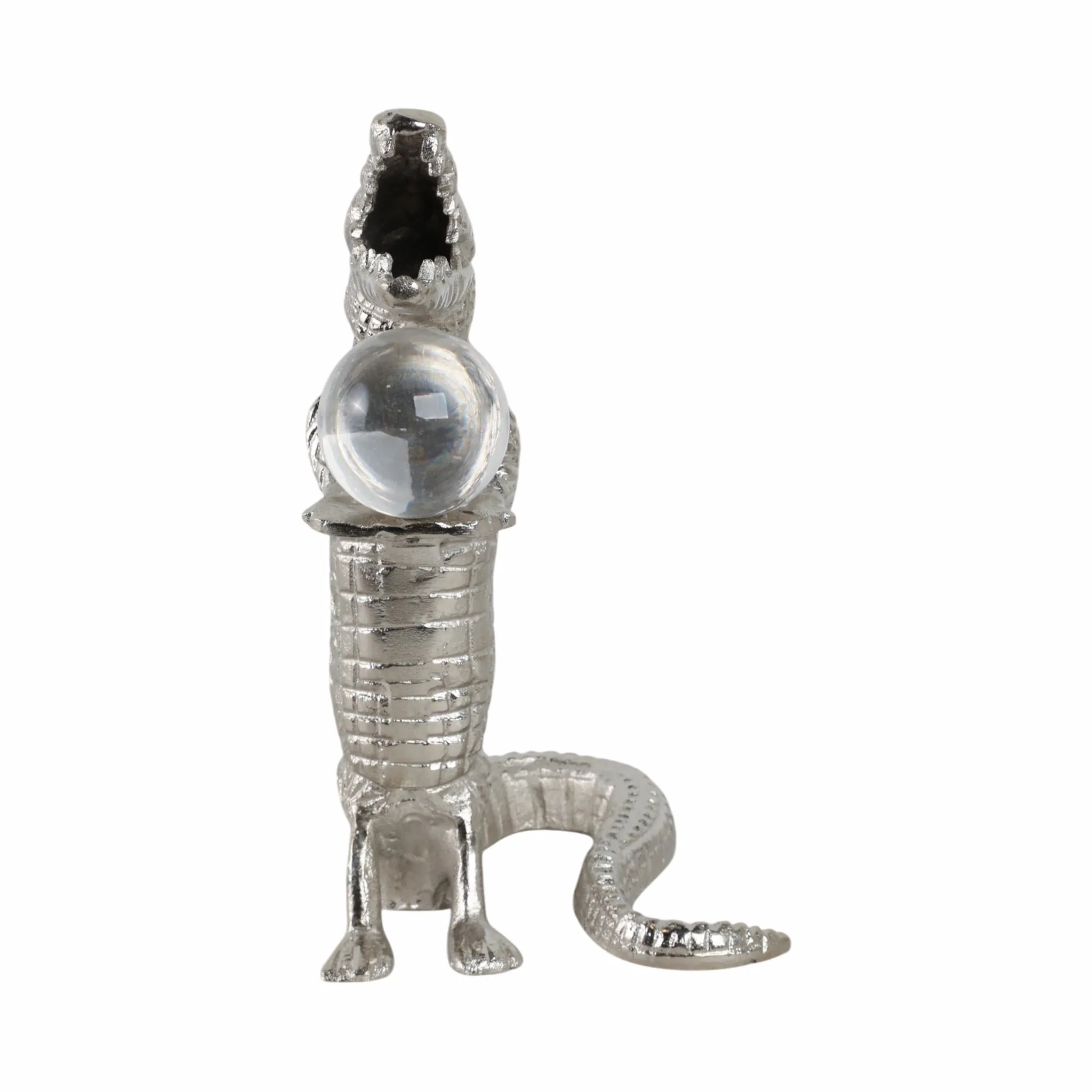 10x7" Crocodile Holding Acrylic Ball, Silver