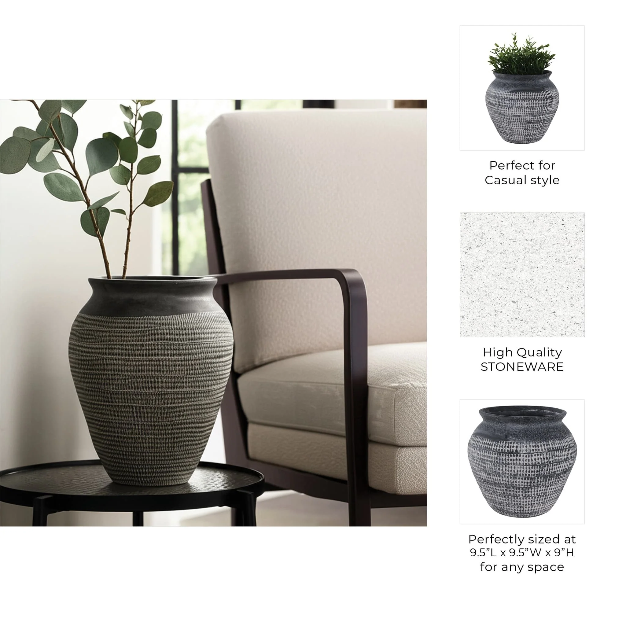 10x9" Textured Stoneware Vase, Black - Image 9