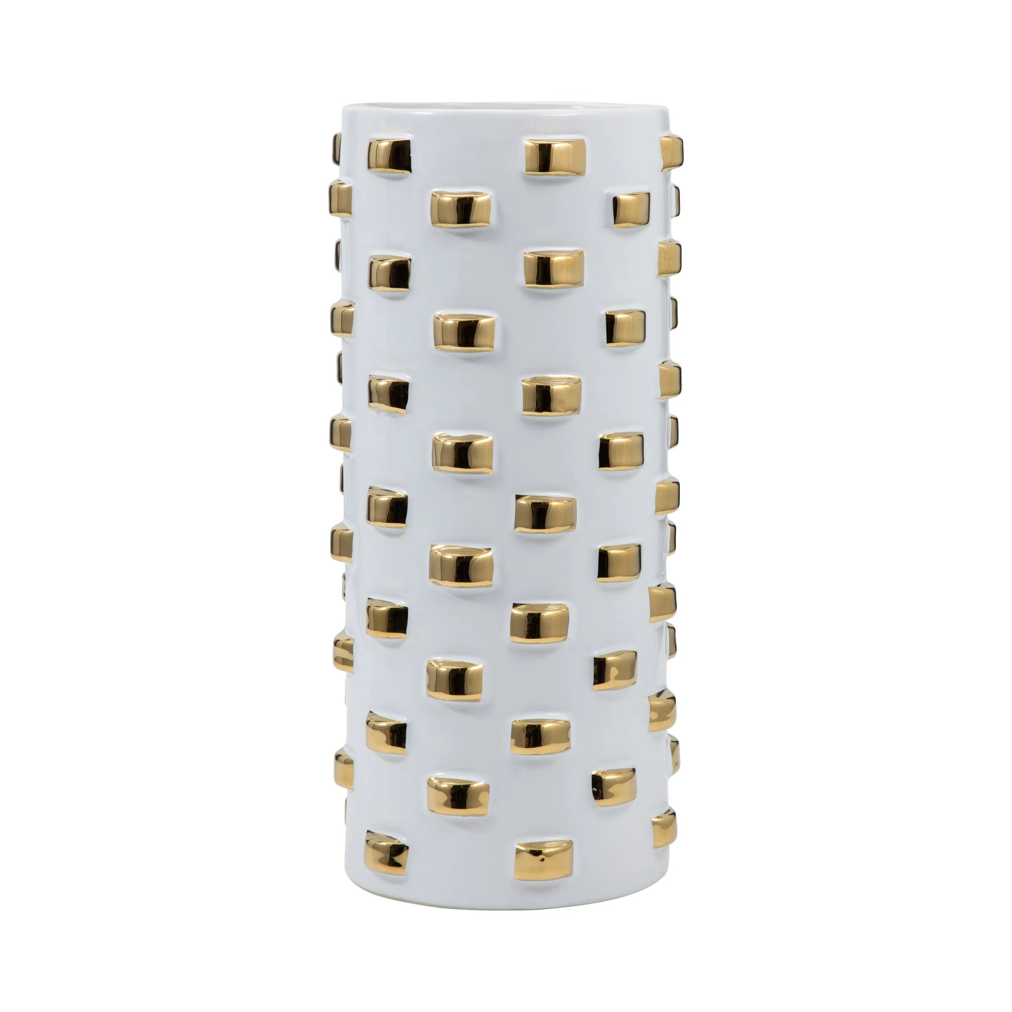 11" Cylinder Vase, White/gold