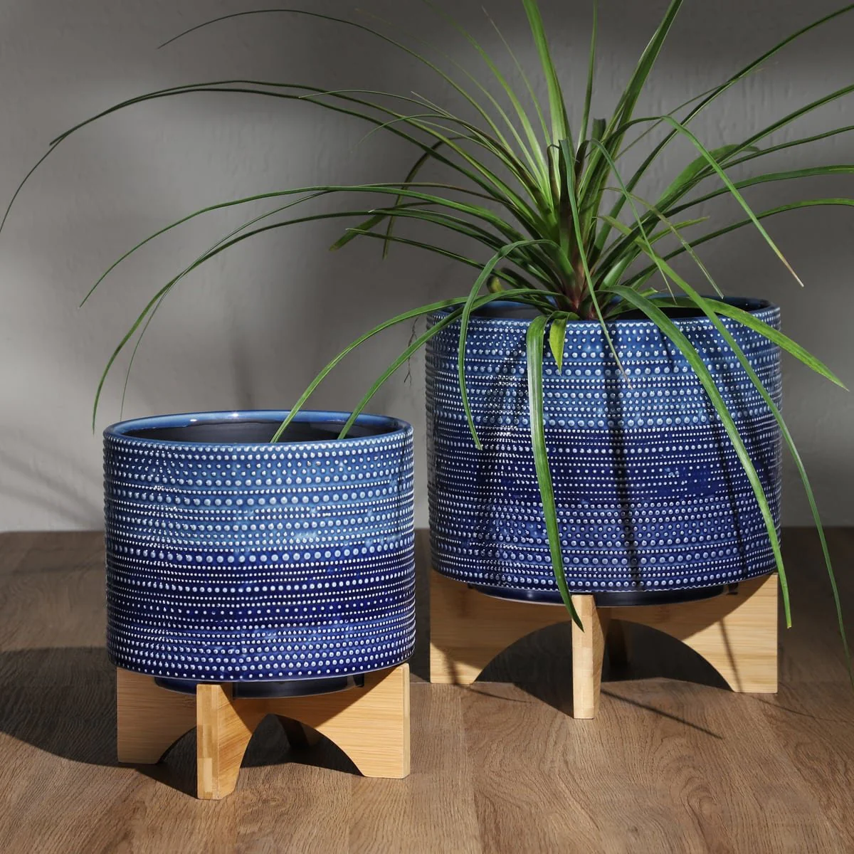 11" Dotted Planter W/ Wood Stand, Blue - Image 11