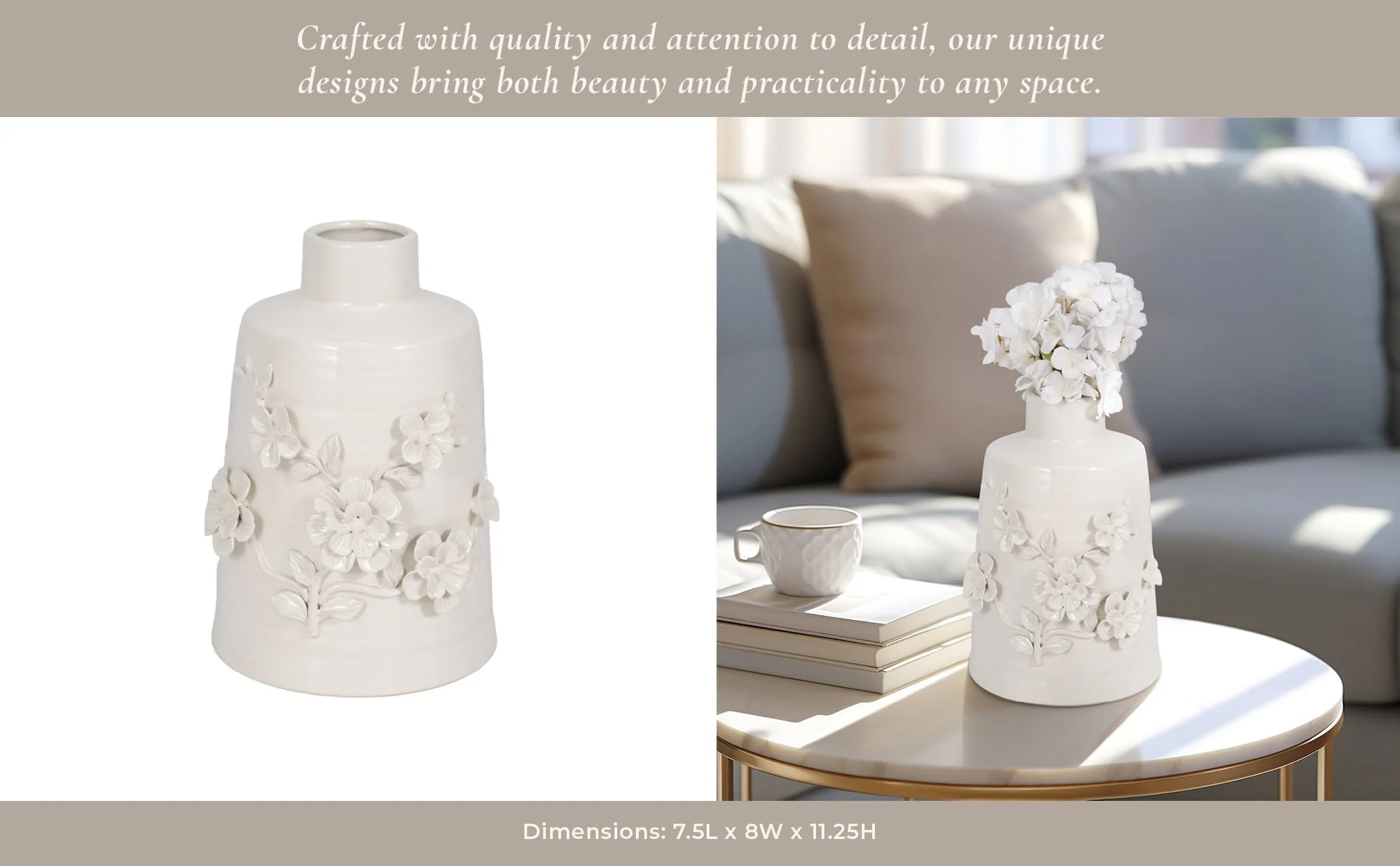 11" Floral Vase, White - Image 11