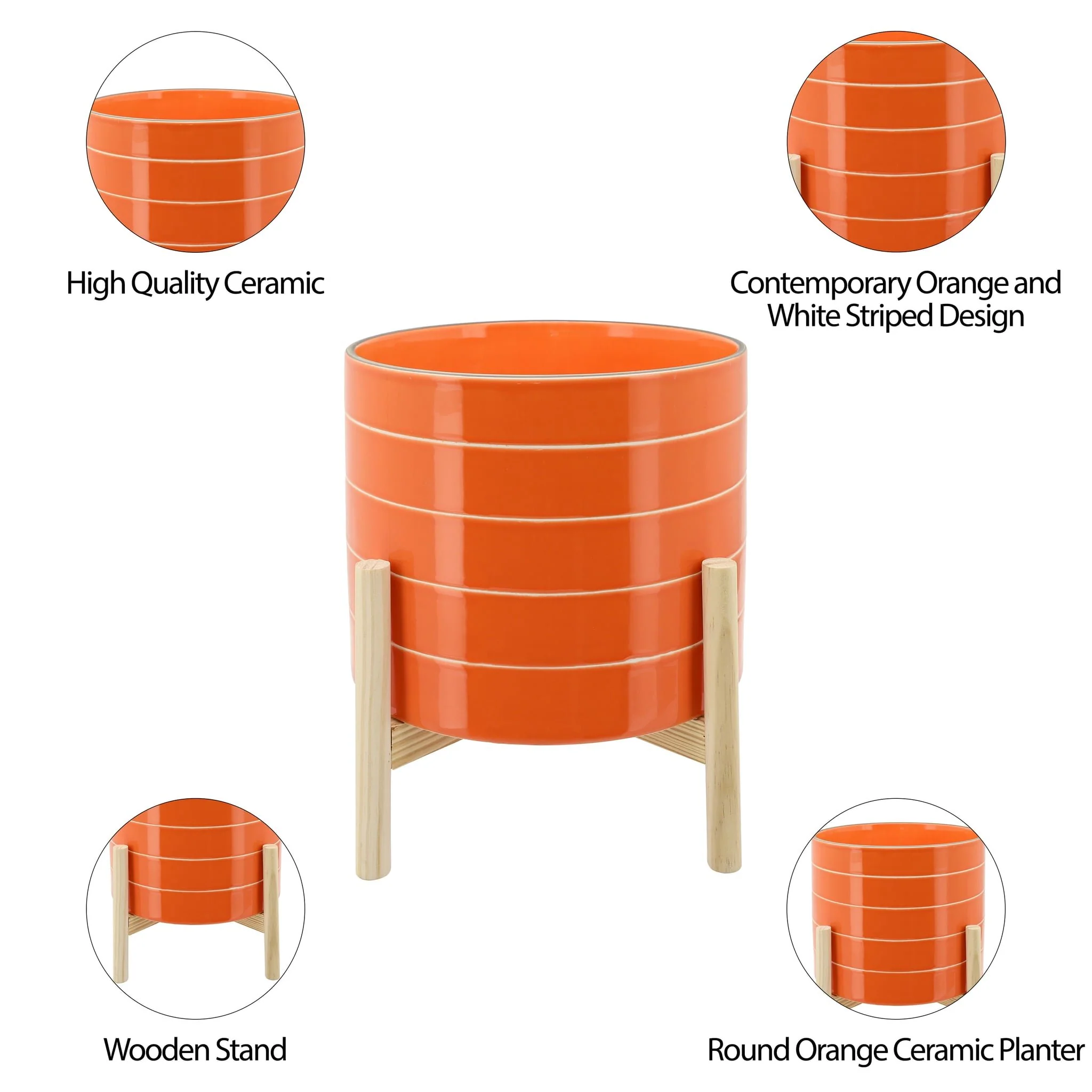 11" Striped Planter W/ Wood Stand, Orange - Image 4