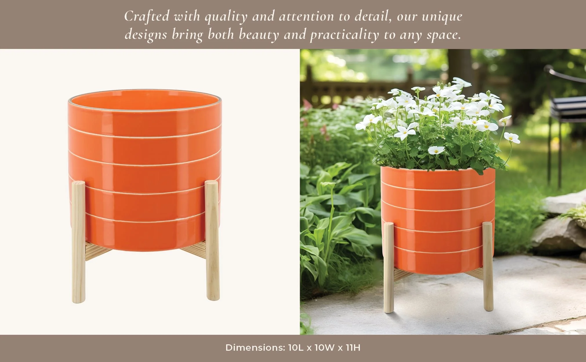 11" Striped Planter W/ Wood Stand, Orange - Image 6