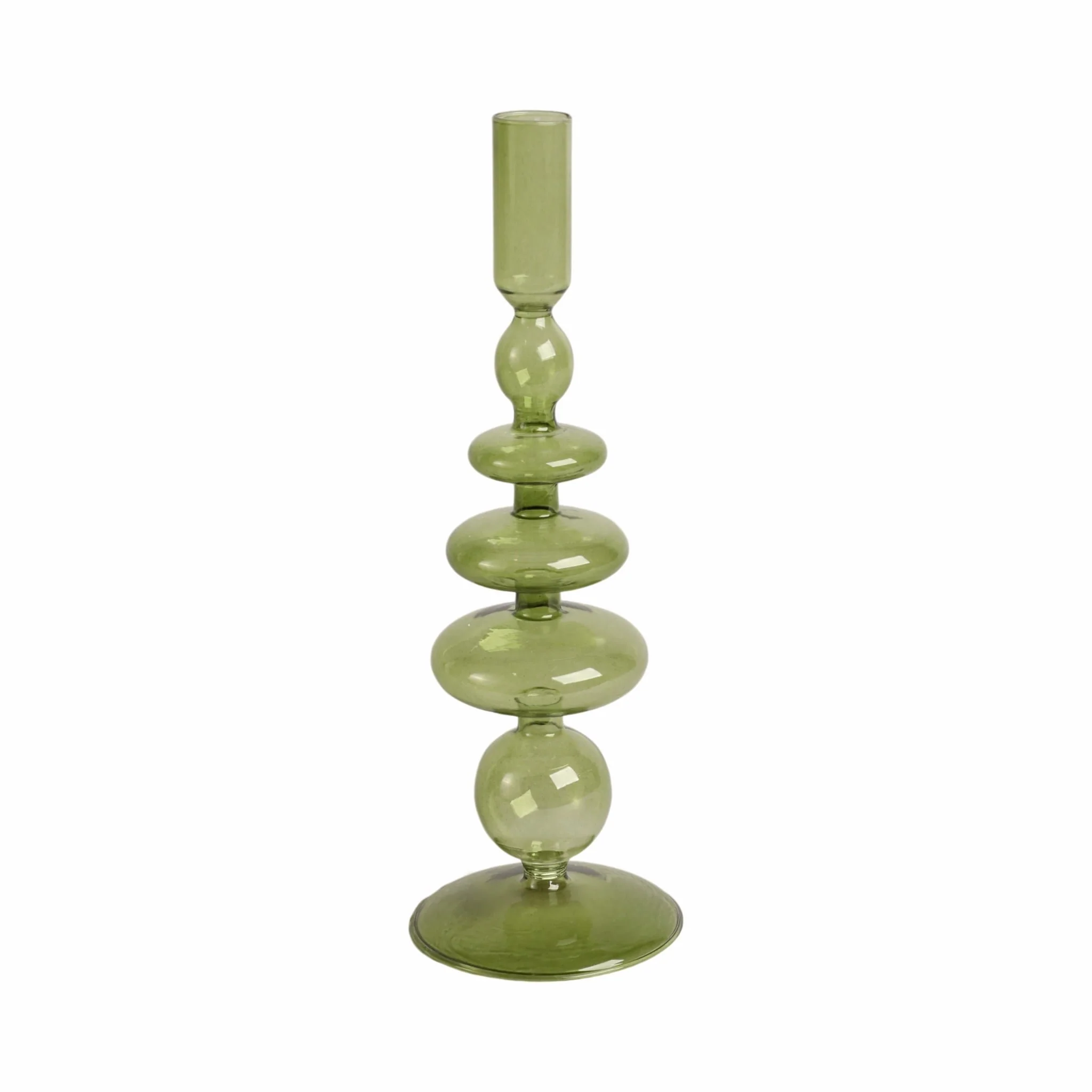 11" Vintage Glass Taper Candle Holder, Olive