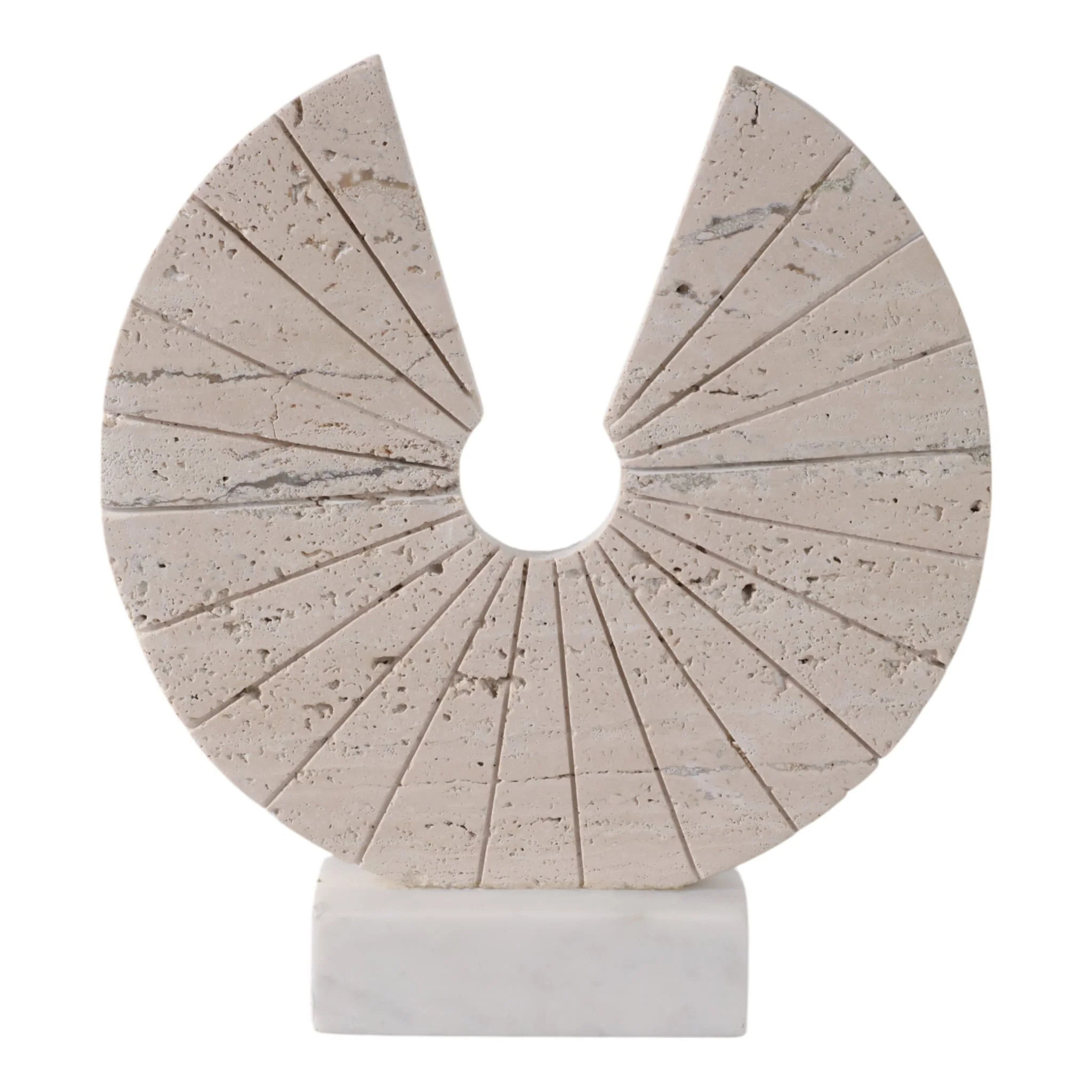 11x10" Travertine Open Circle On Marble Base, Tan/