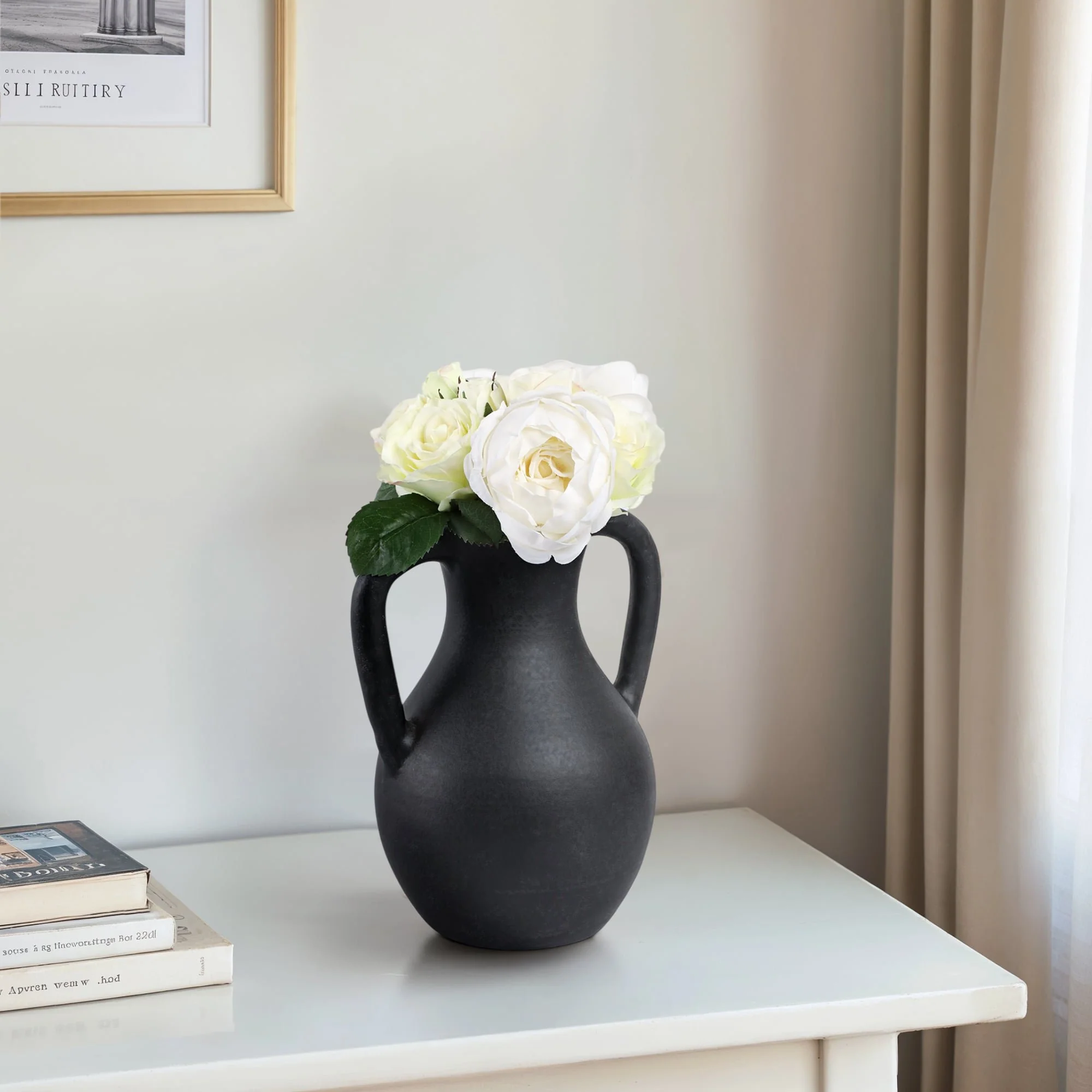 11x9" Terracotta Jug Vase With Handles, Black - Image 11