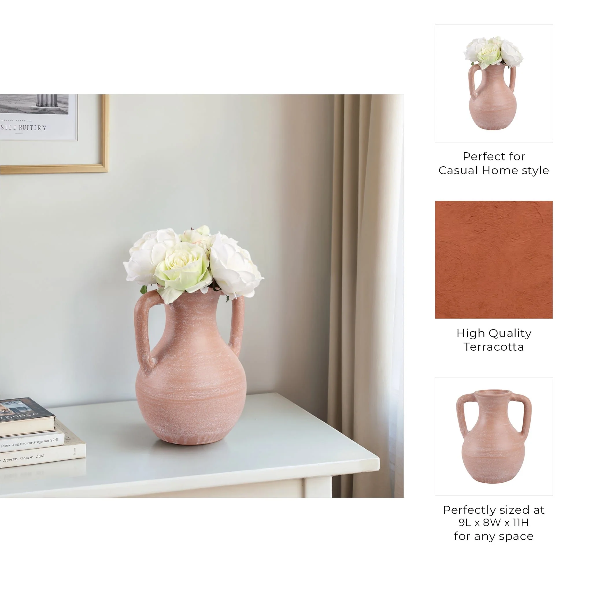 11x9" Terracotta Jug Vase With Handles, Light Natu - Image 9