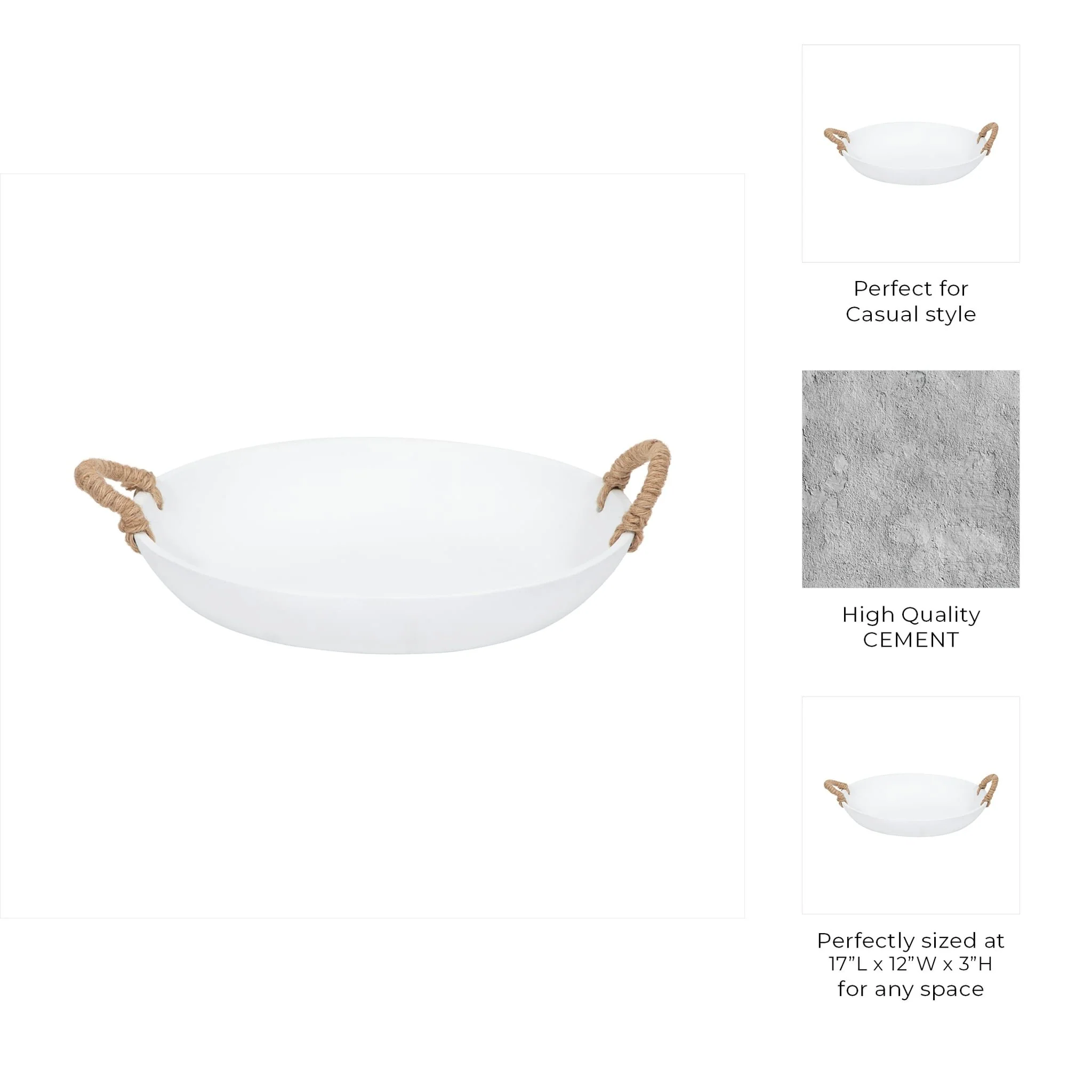 12" Cement Bowl W/ Woven Handles, White - Image 9