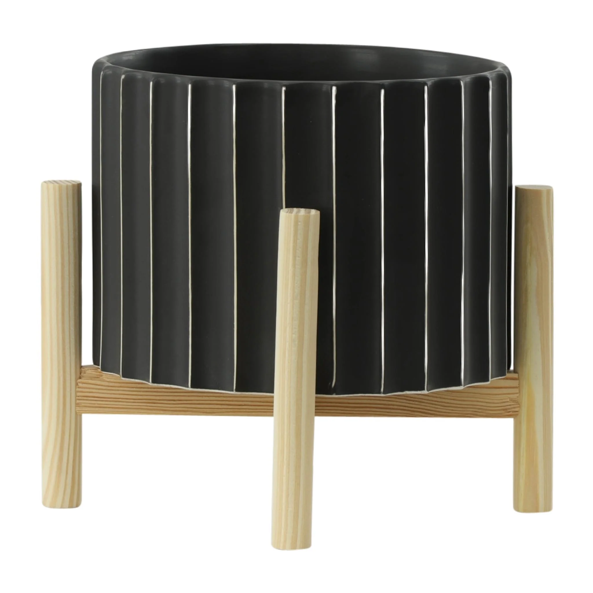 12" Ceramic Fluted Planter W/ Wood Stand, Black - Image 2