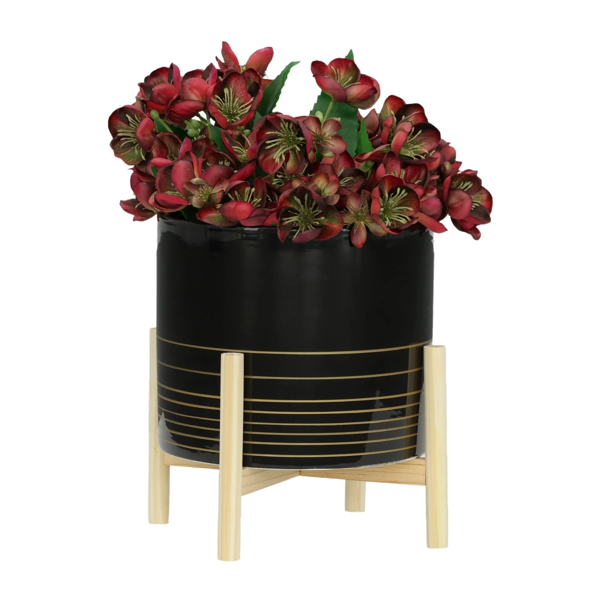 12" Ceramic Metallic Planter W/ Wood Stand, Black - Image 4