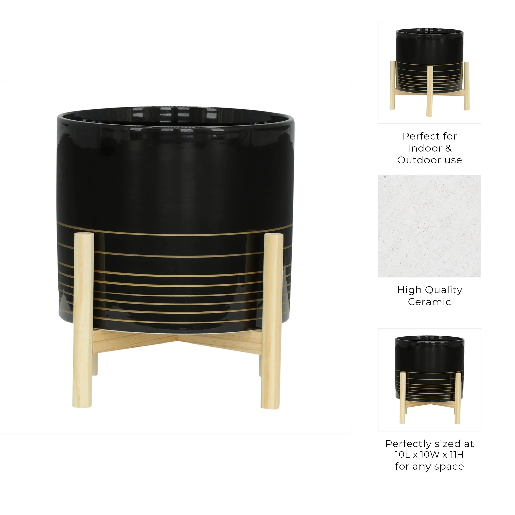 12" Ceramic Metallic Planter W/ Wood Stand, Black - Image 9