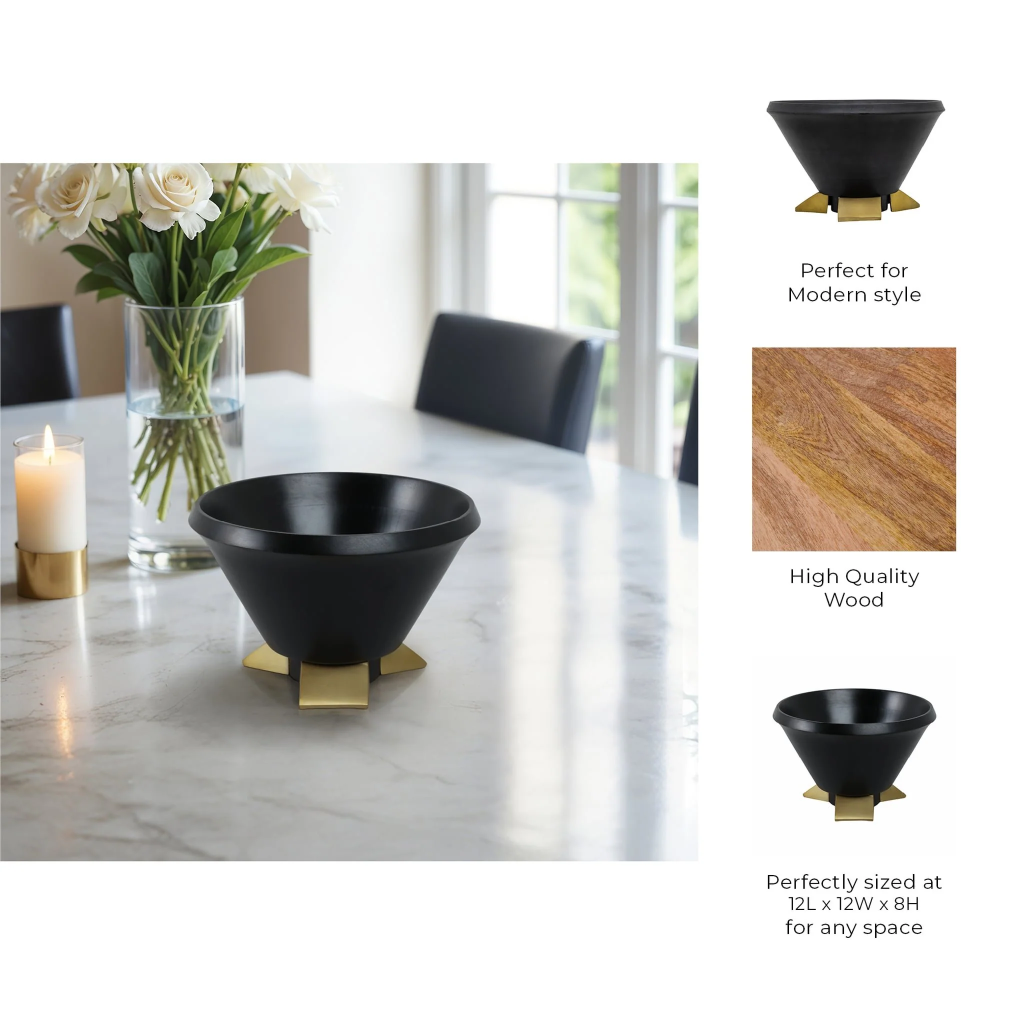 12" Wooden Bowl W/ Metal Legs, Black - Image 9