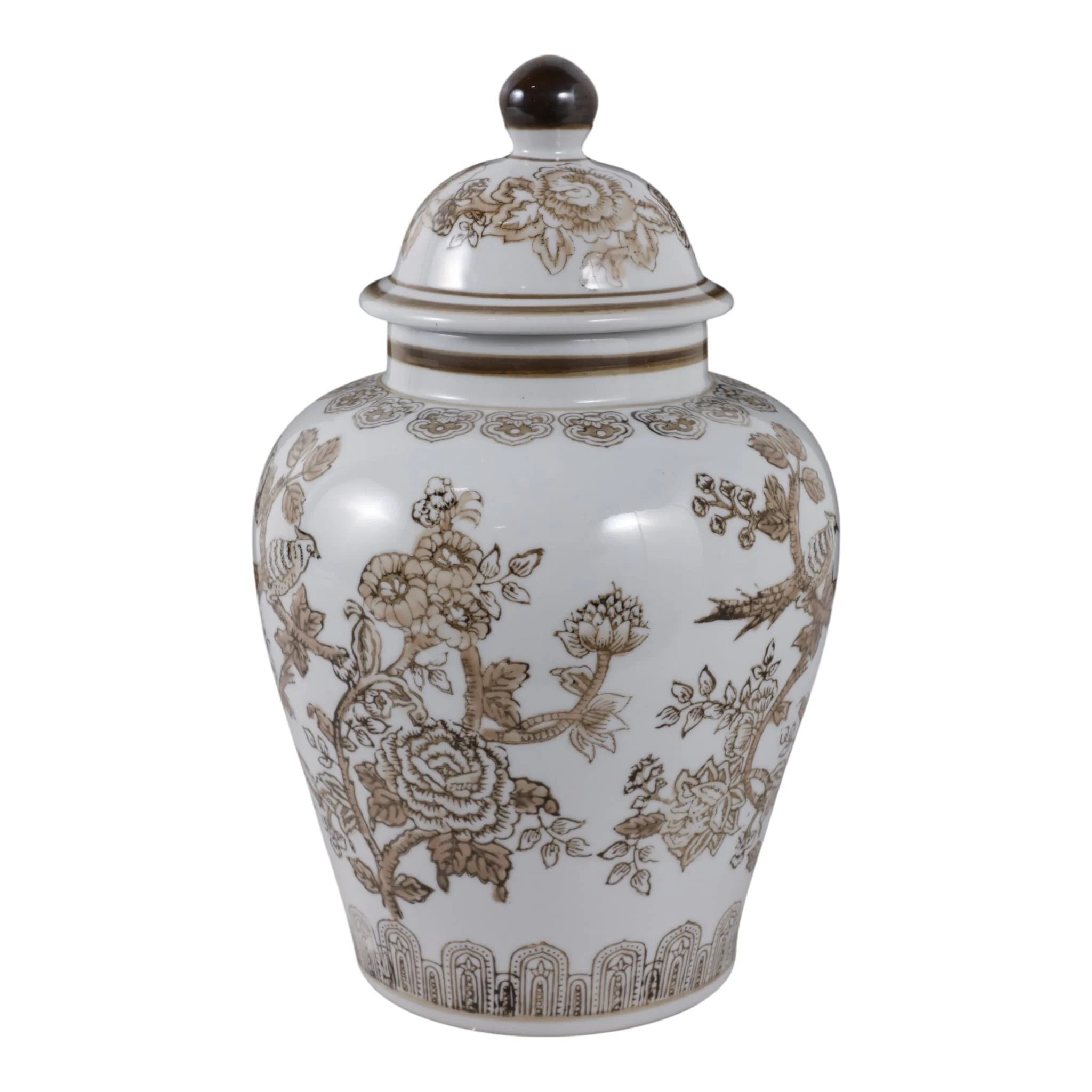 12x7" Chinoiserie Bird & Vines Temple Jar,brwn/wht - Image 3
