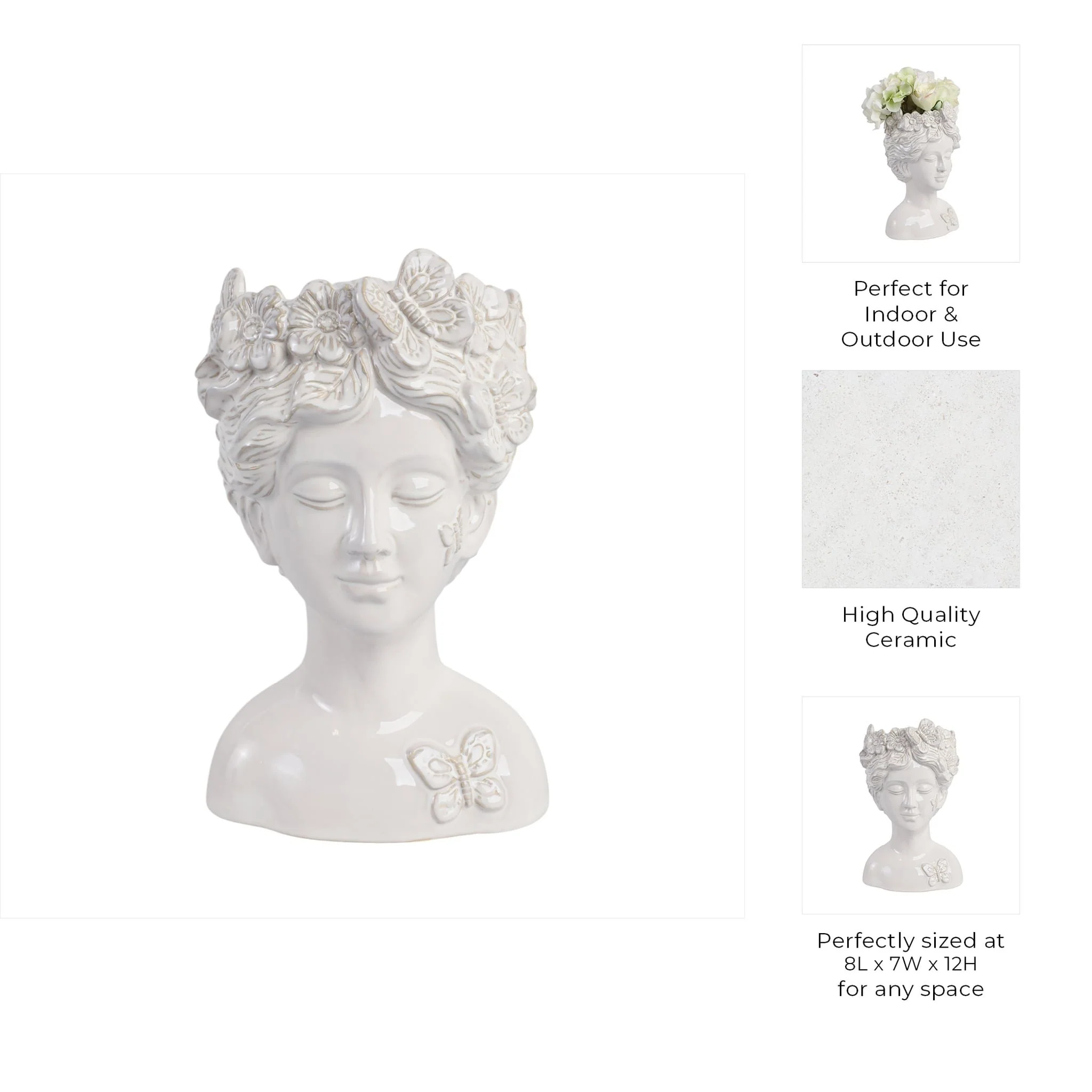 12x8" Flower & Butterfly Crown Lady Planter, Ivory - Image 9