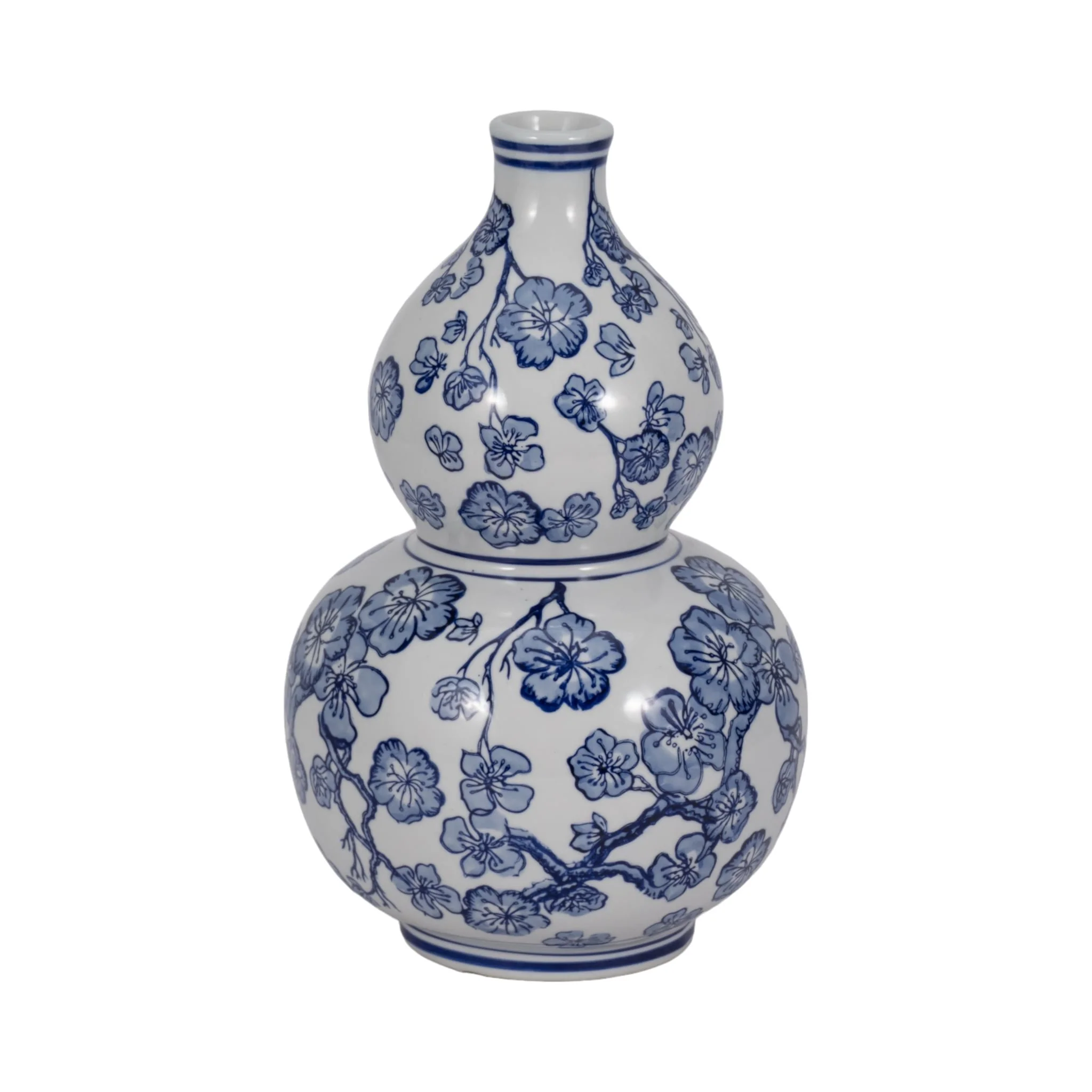 13" Cherry Blossom Chinoiserie Gourd Vase, Blue/wh