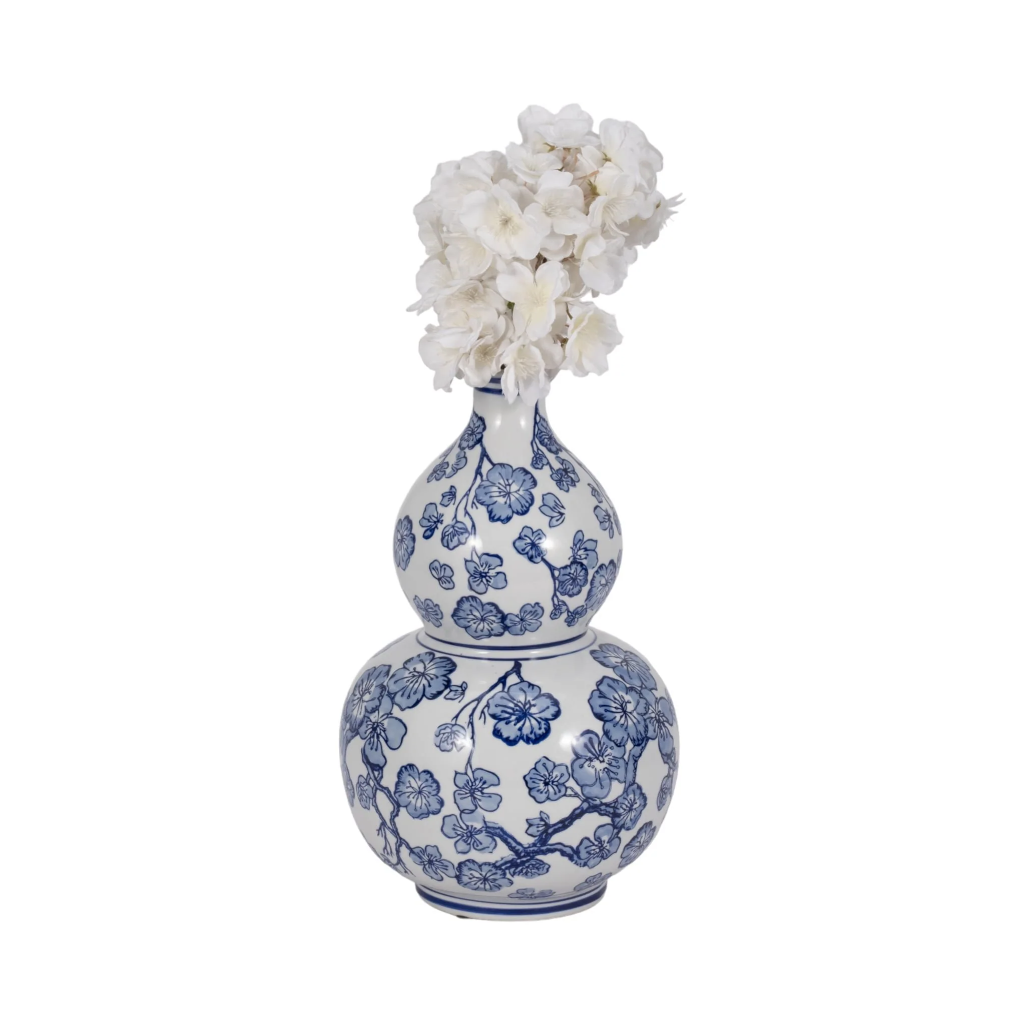 13" Cherry Blossom Chinoiserie Gourd Vase, Blue/wh - Image 2