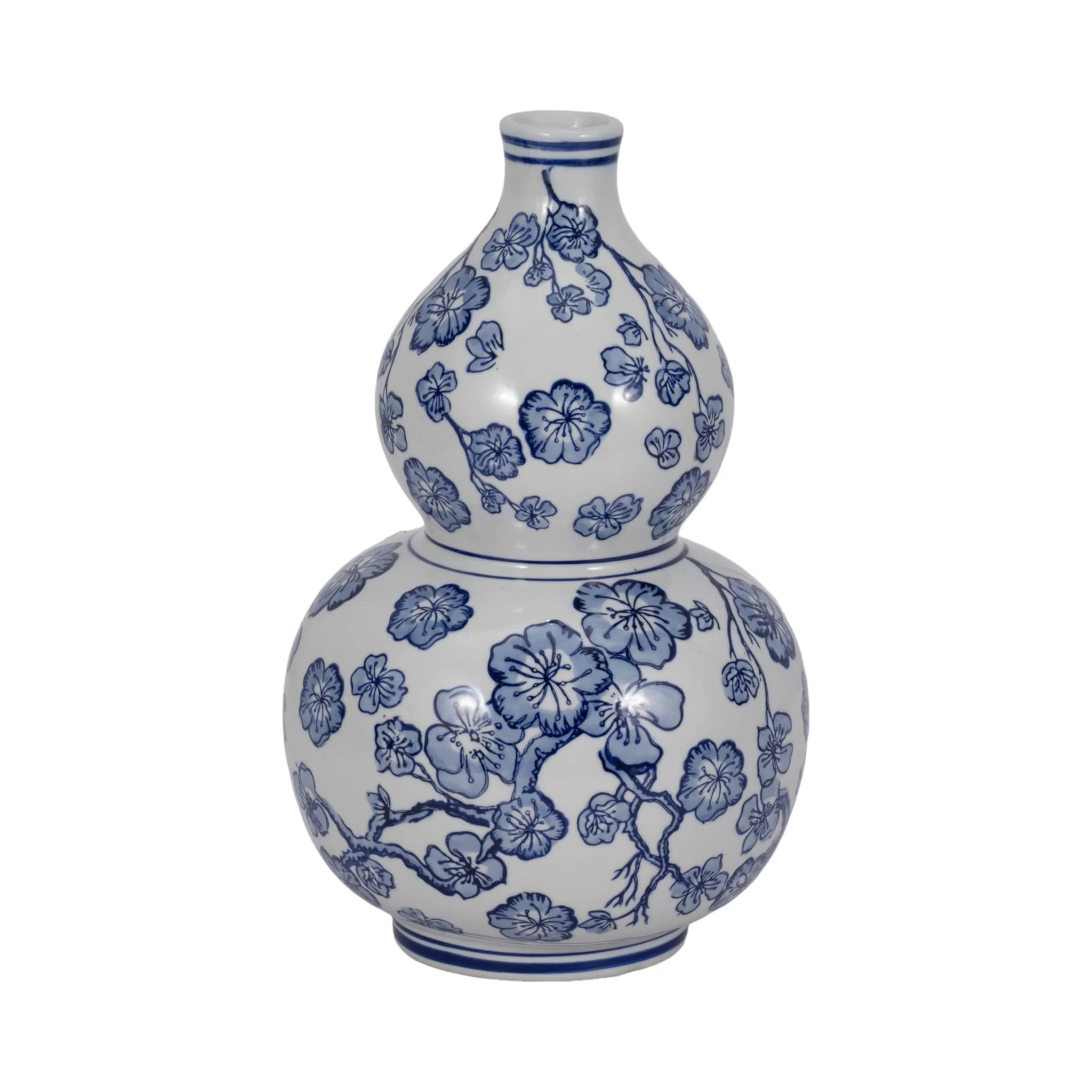 13" Cherry Blossom Chinoiserie Gourd Vase, Blue/wh - Image 3