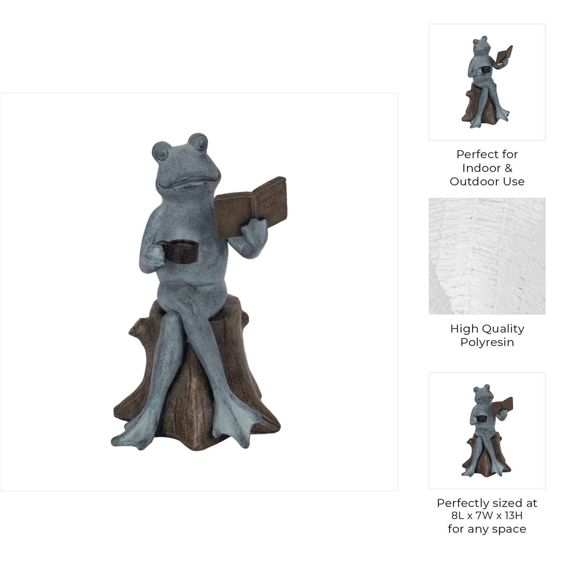 13" Frog On Stump With Book And Coffee, Multi - Image 9