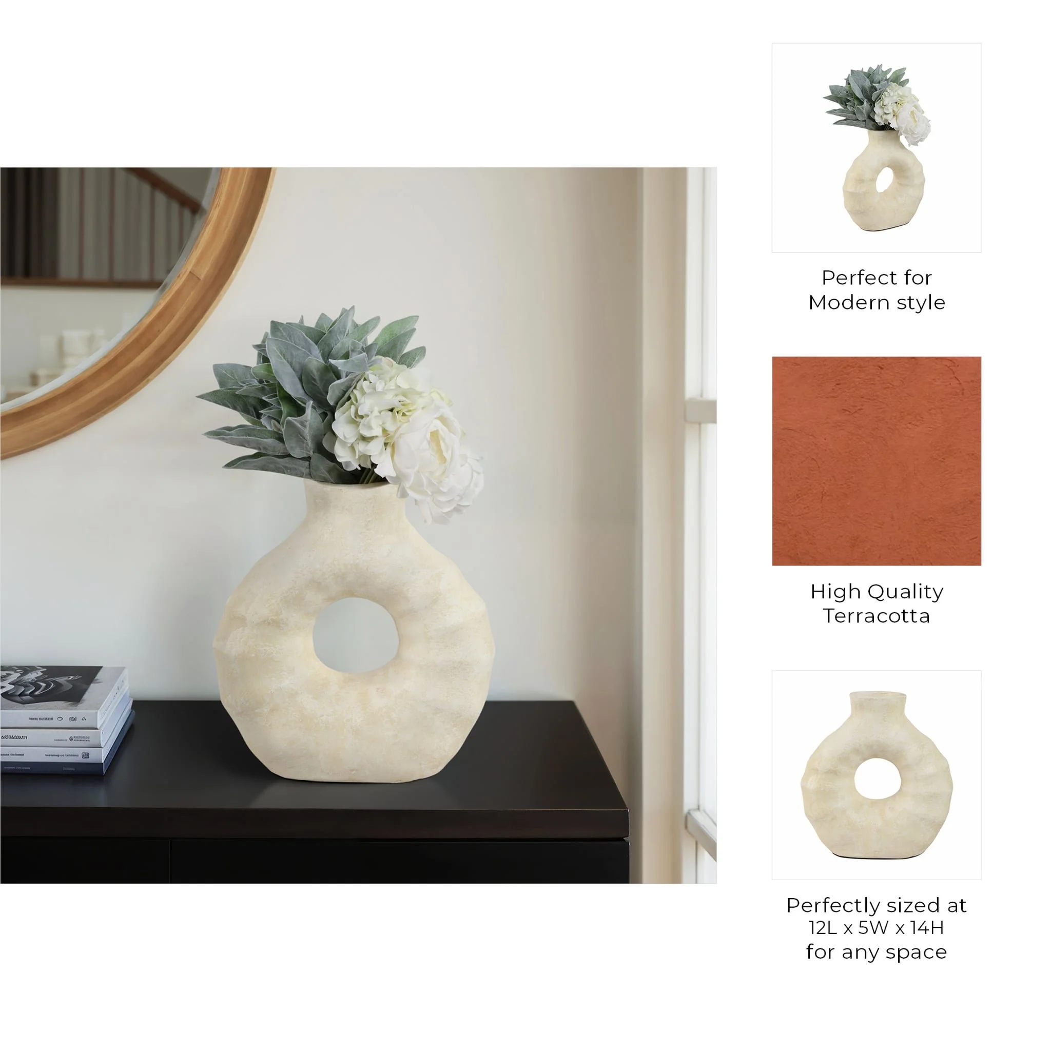 13" Ridged Open Cut-out Terracotta Vase, Ivory - Image 9