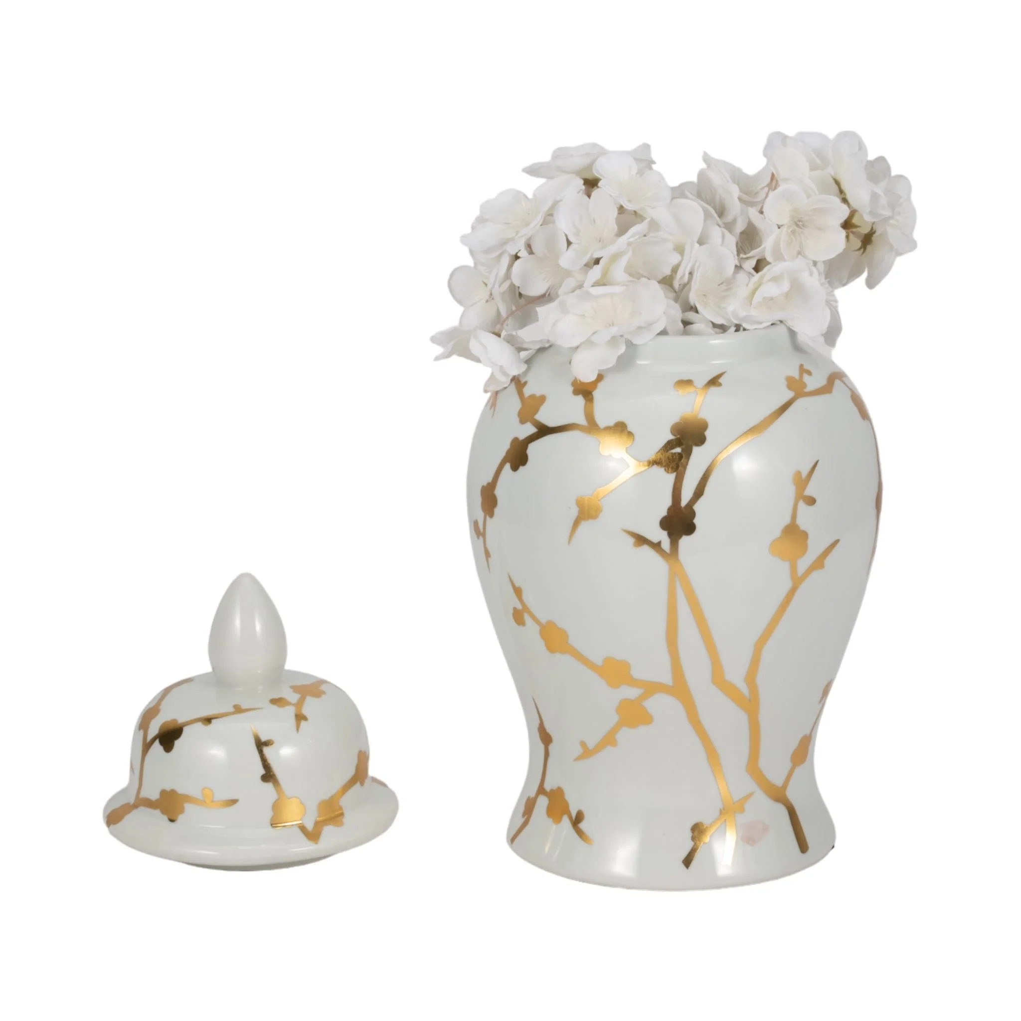 14" Gold Cherry Blossom Temple Jar, White - Image 2