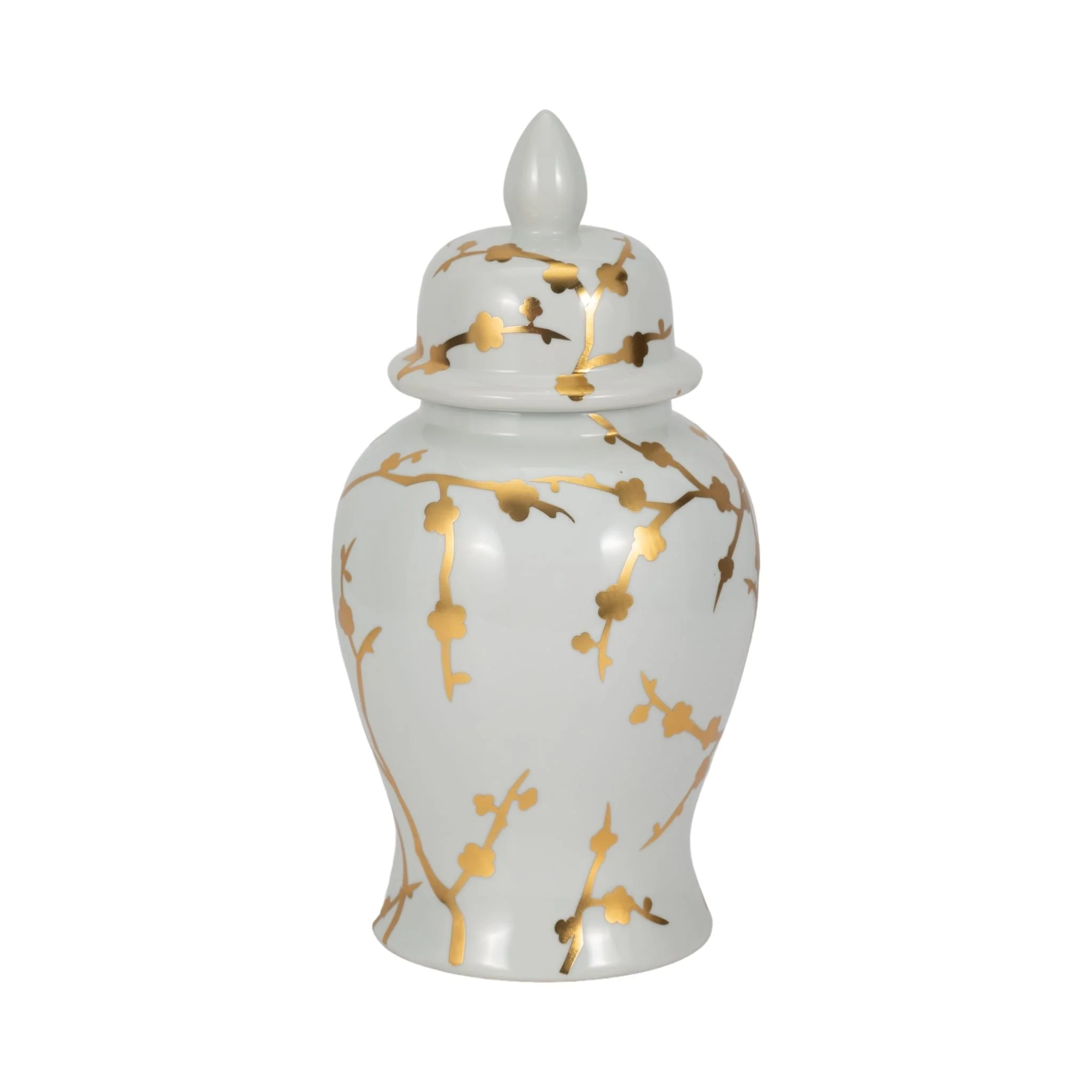 14" Gold Cherry Blossom Temple Jar, White - Image 3