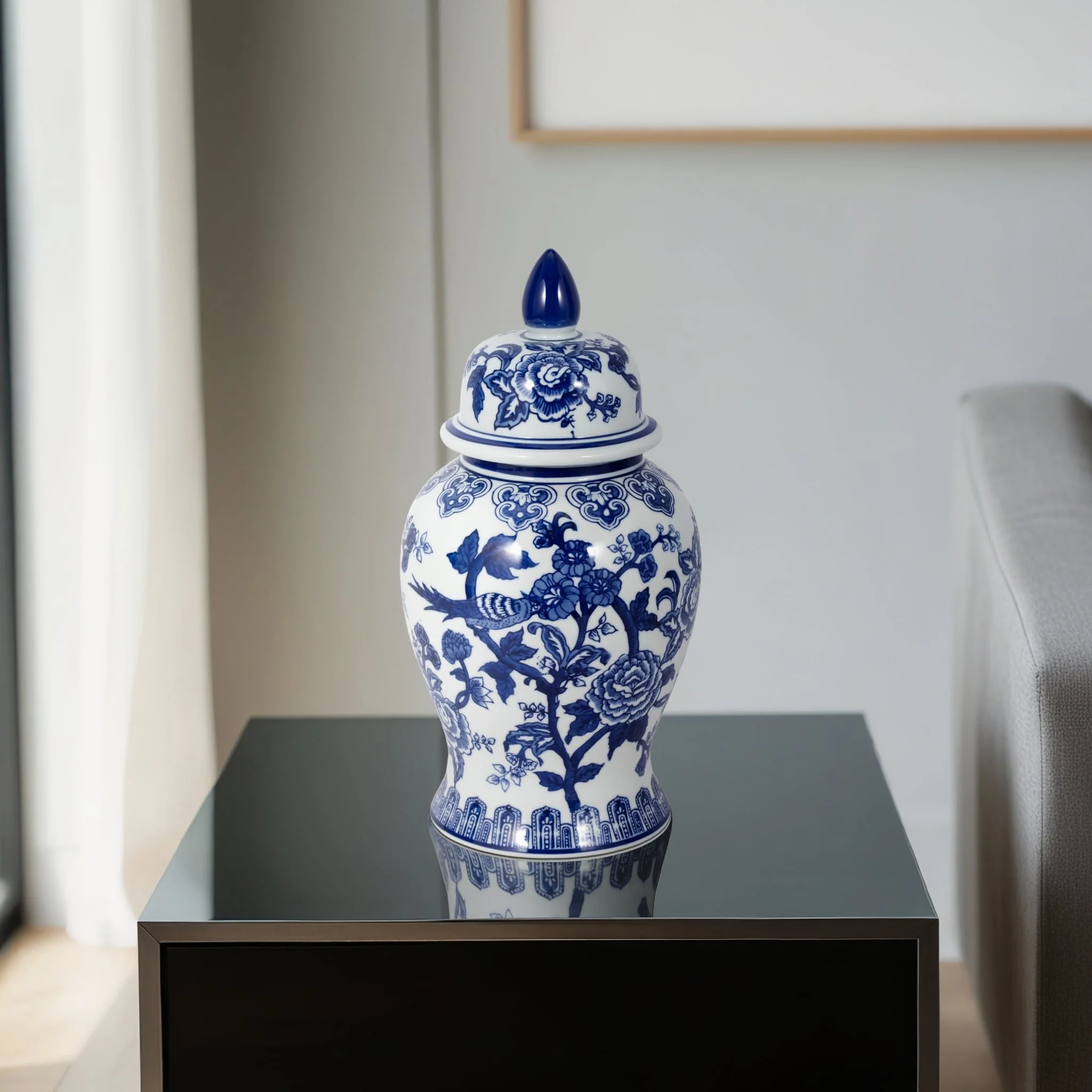 14" Temple Jar Bird/flower, Blue - Image 11