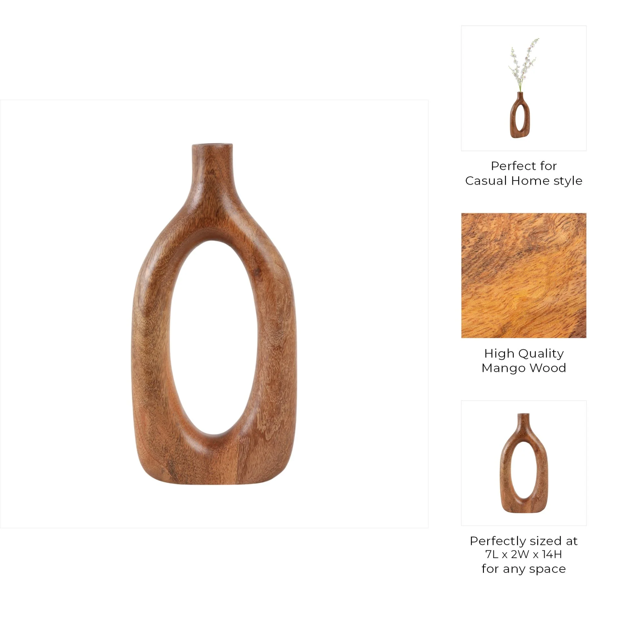 14x7" Open Cut-out Wood Vase, Natural - Image 10