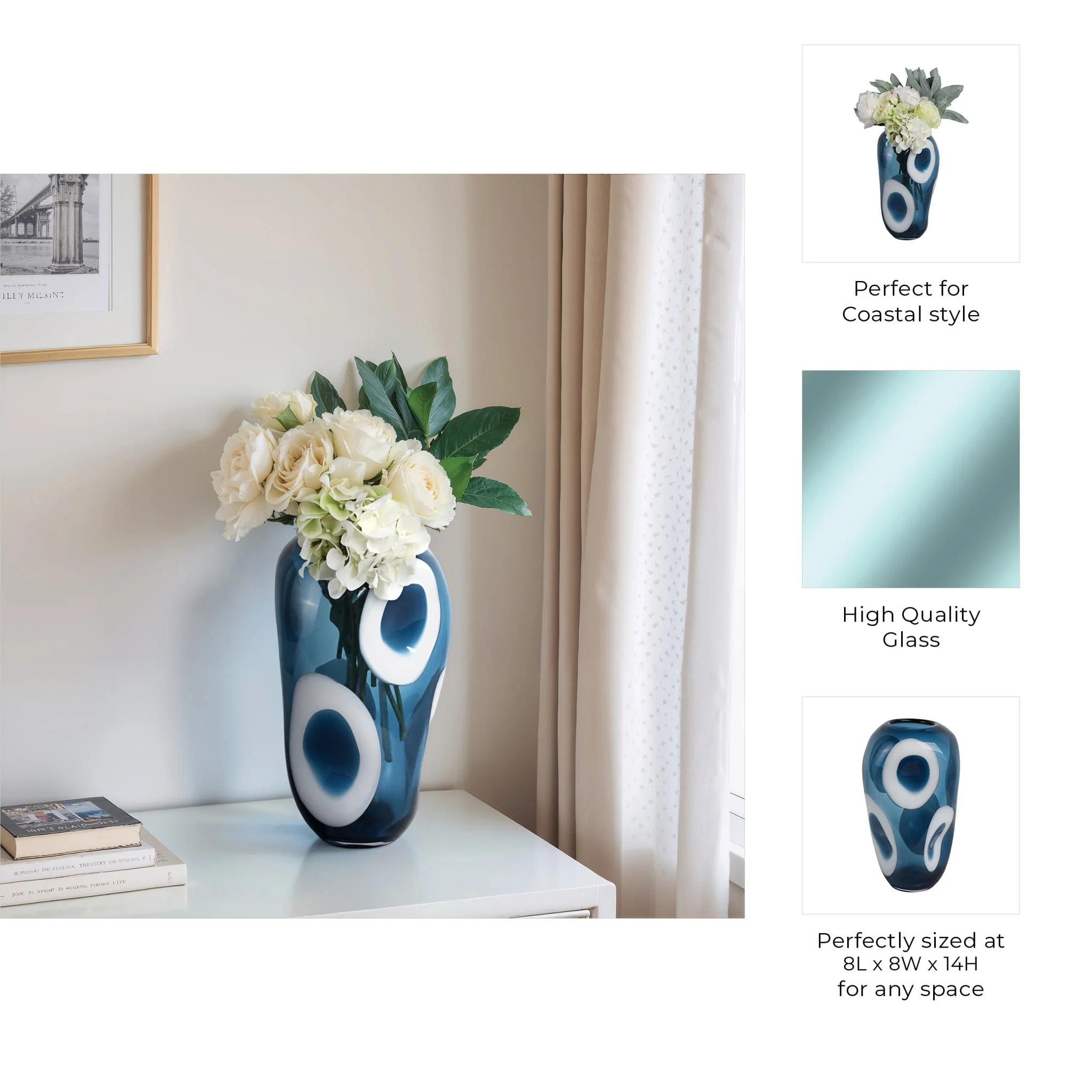 14x8" Curvy Polka Dot Glass Vase, Blue/white - Image 9