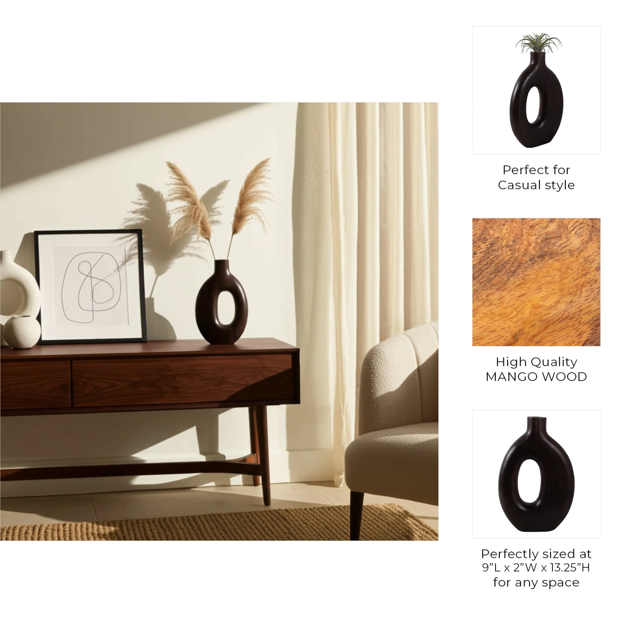 14x9" Cut-out Wood Vase, Dark Brown - Image 9