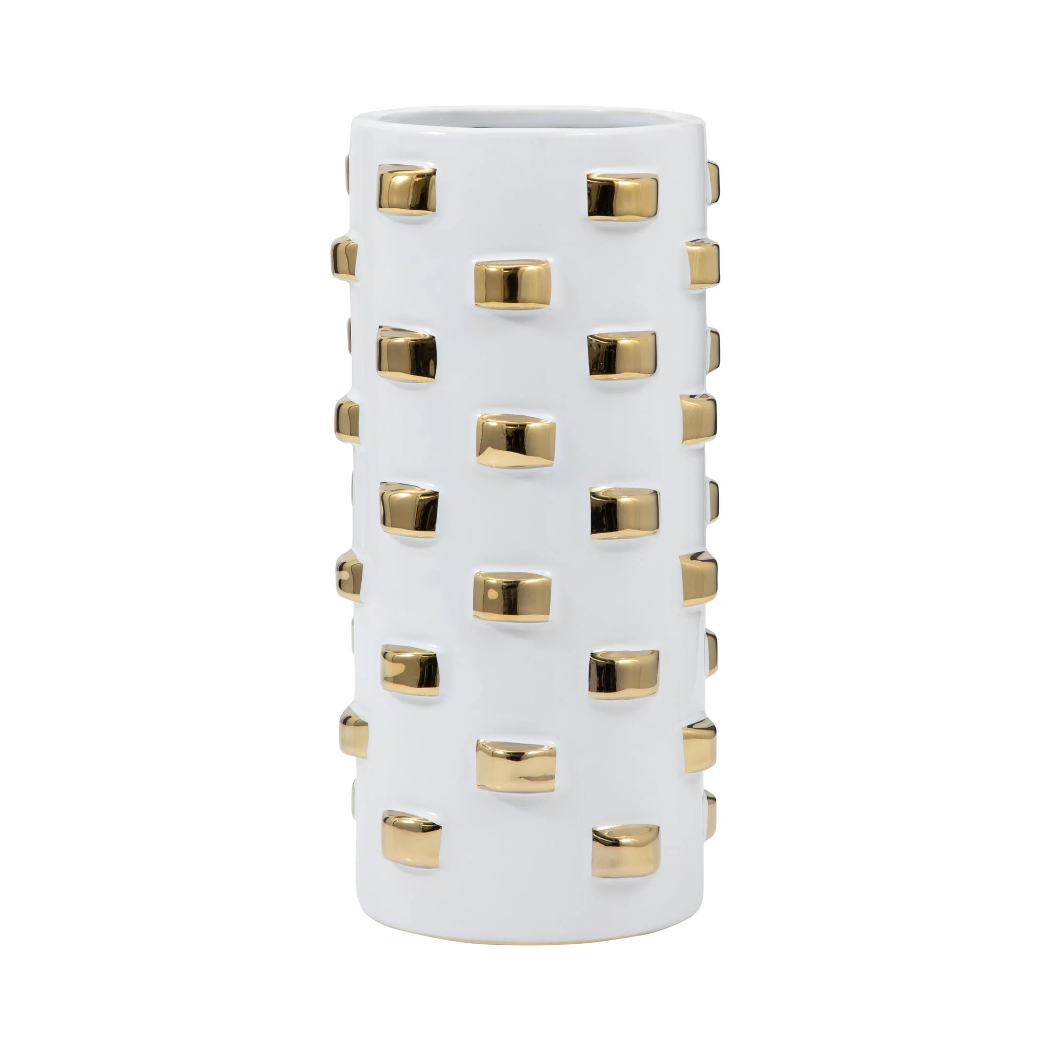 15" Cylinder Vase, White/gold