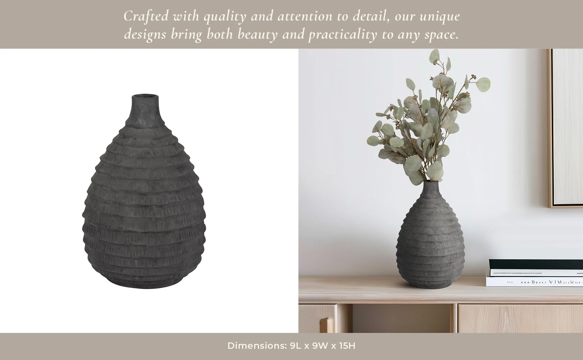 15" Faded Ribbed Bulbous Vase, Black - Image 10
