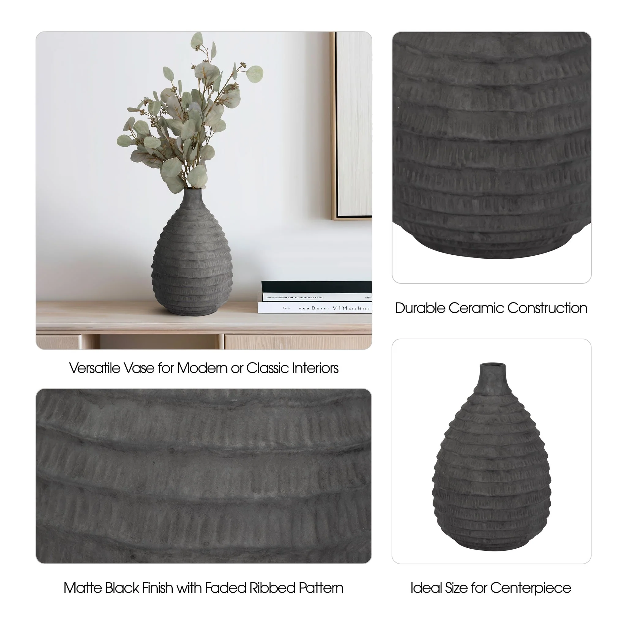15" Faded Ribbed Bulbous Vase, Black - Image 8