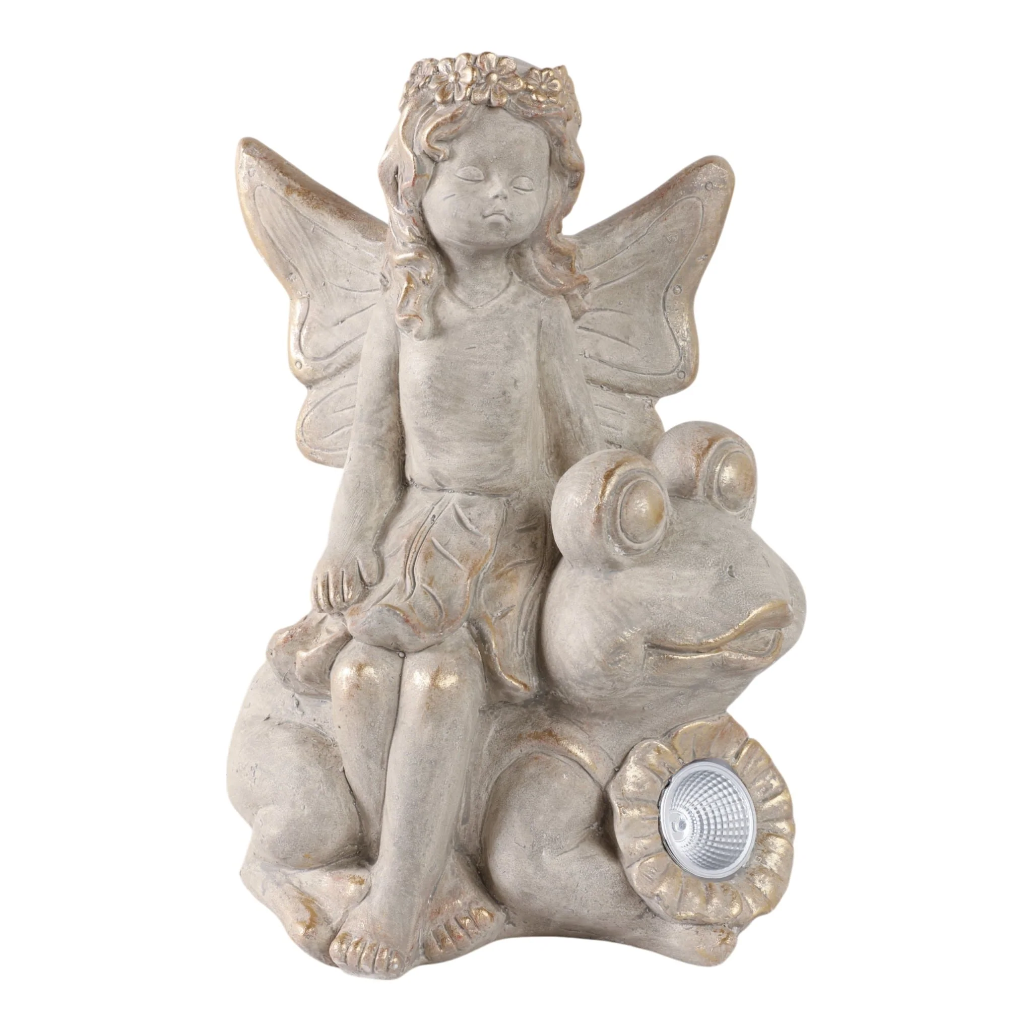 15" Garden Fairy On Solar Frog, Ivory