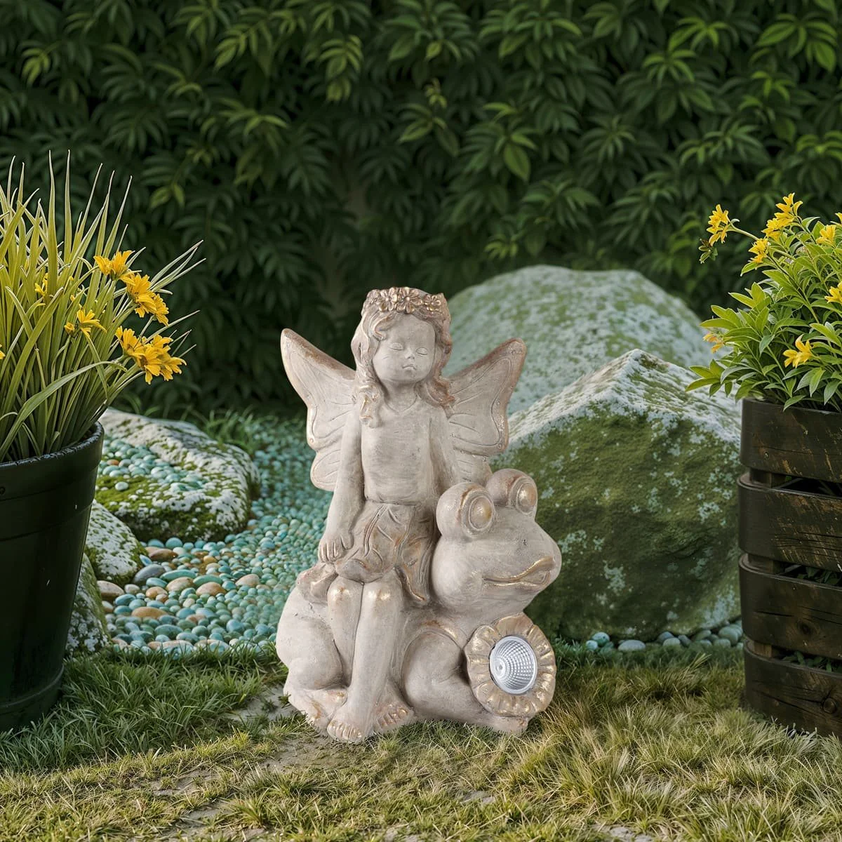 15" Garden Fairy On Solar Frog, Ivory - Image 10