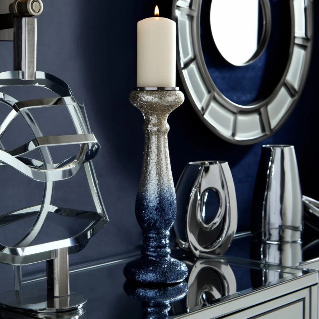 15" Silver Blue, Crackled Candle Holder - Image 10