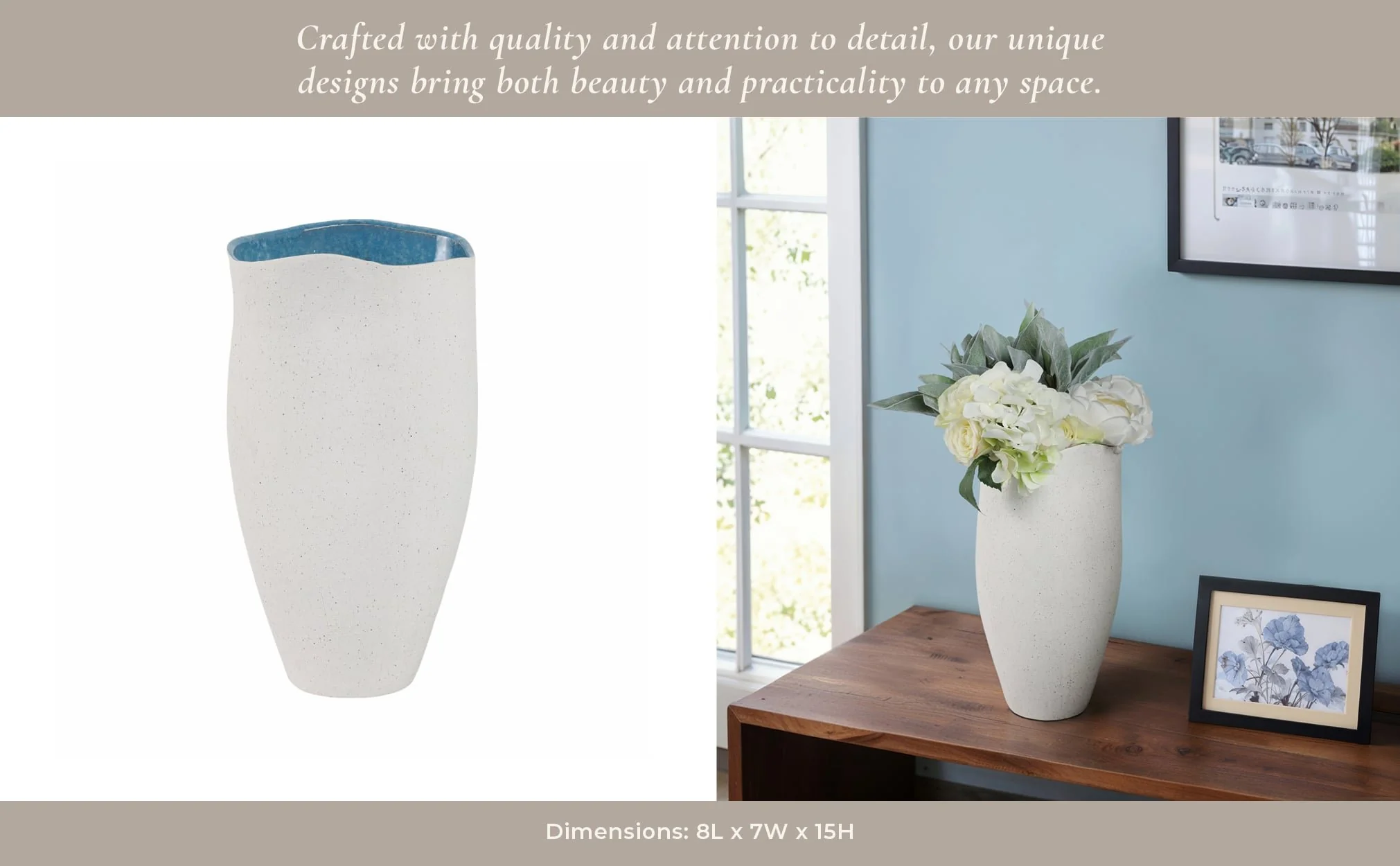 15x8" Textured Organic Vase Reactive Inside, White - Image 11