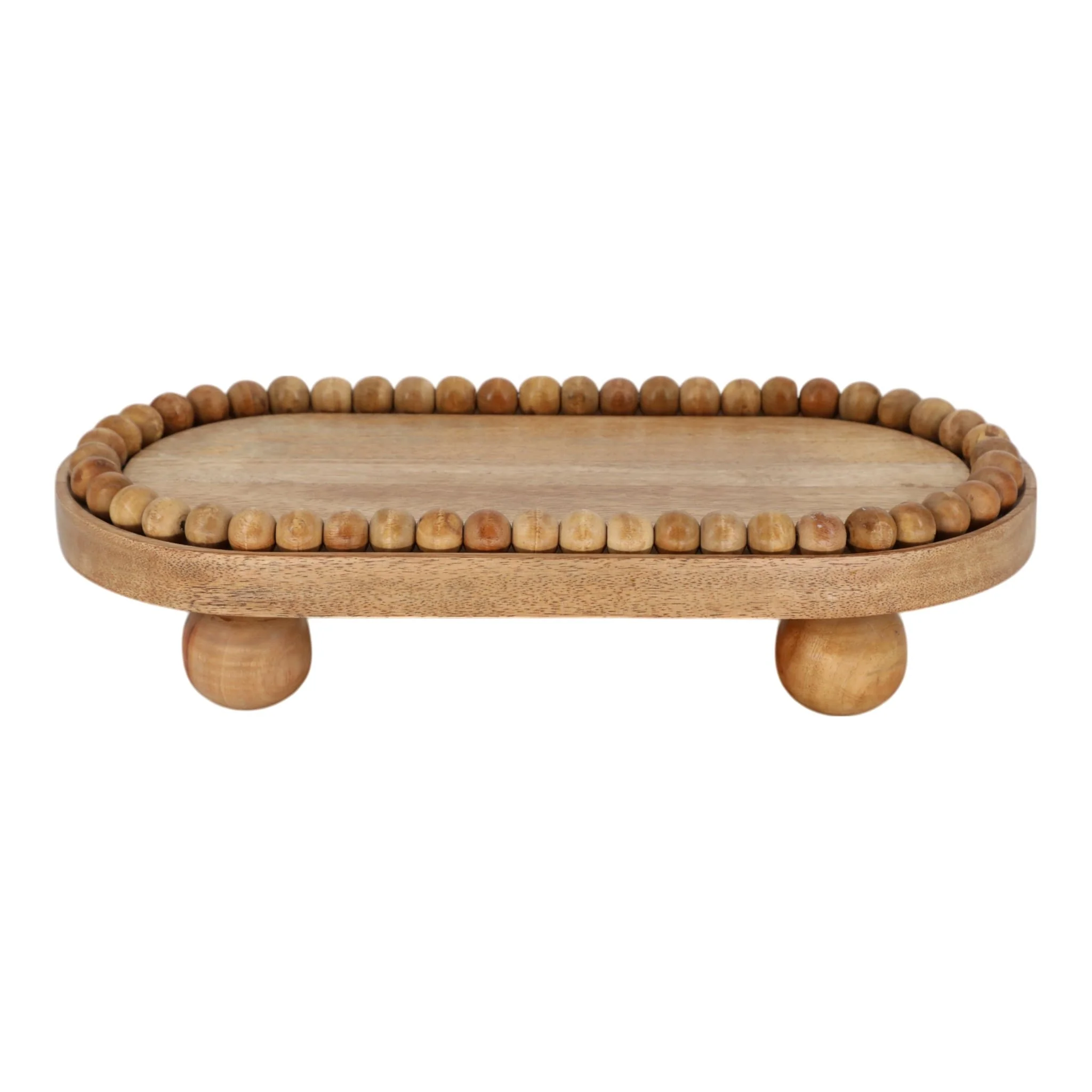 16" Beaded Oval Tray With Ball Feet, Natural