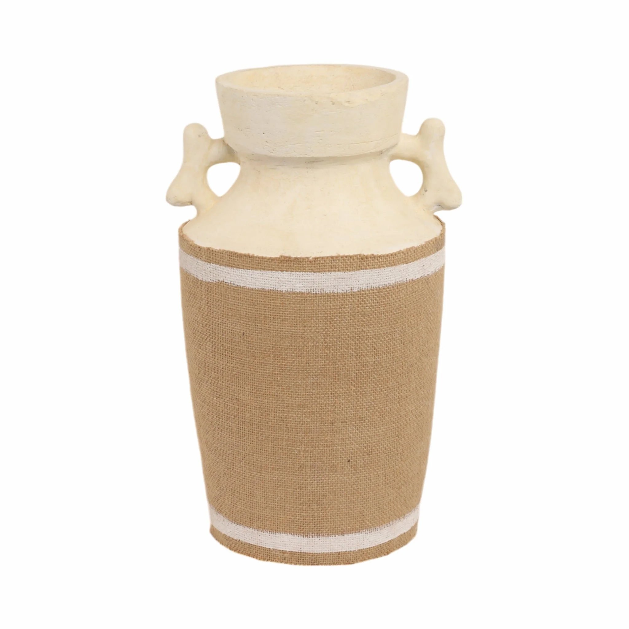 16" Burlap On Terracotta Vase, Ivory/natural