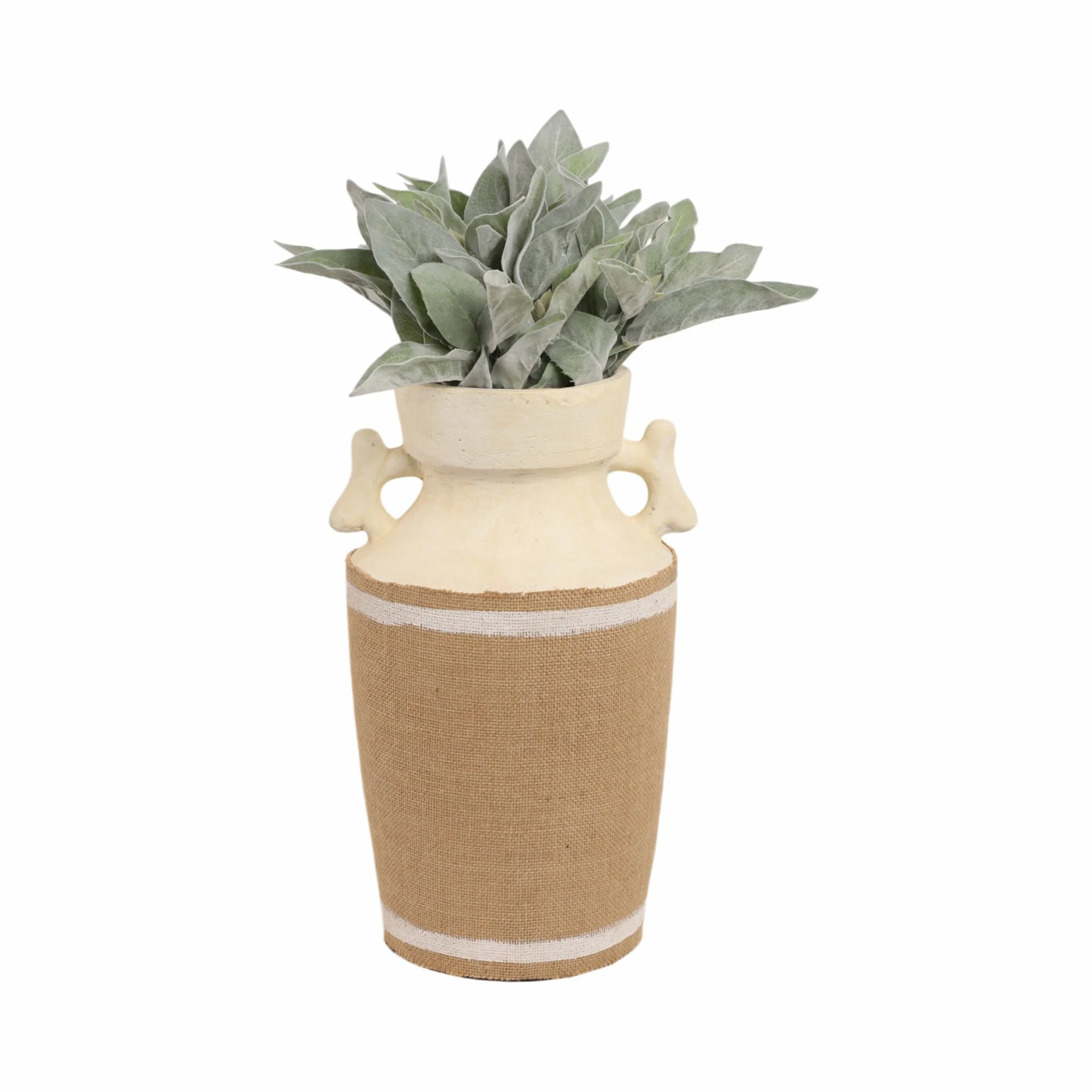 16" Burlap On Terracotta Vase, Ivory/natural - Image 2