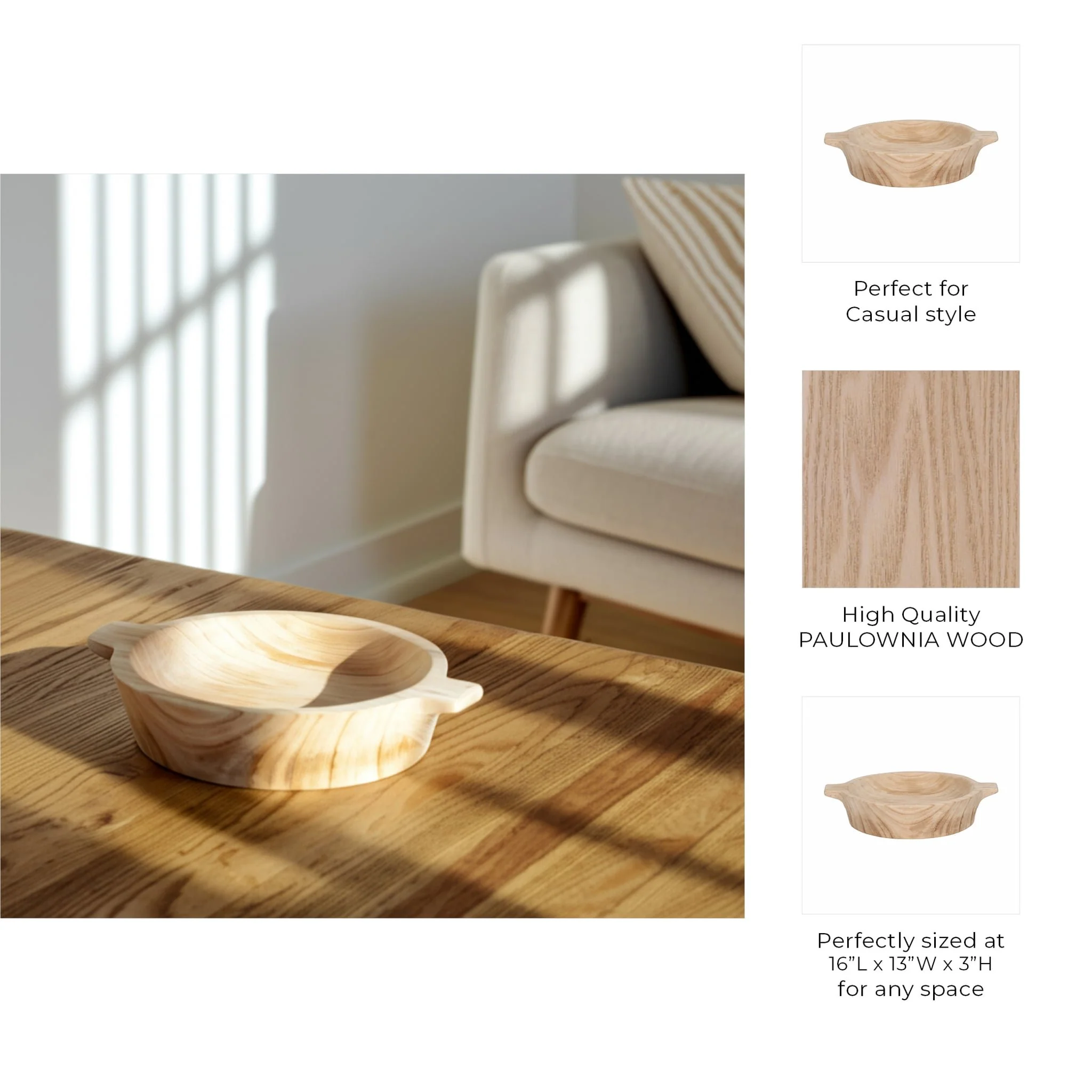 16" Round Wood Bowl With Handles, Natural - Image 8