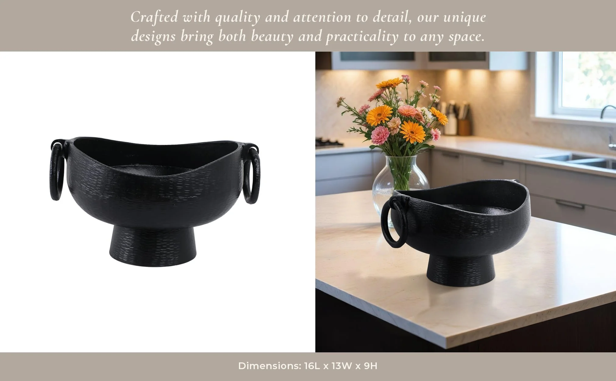16x13" Metal Pedestal Bowl With Ring Handles, Blk - Image 11