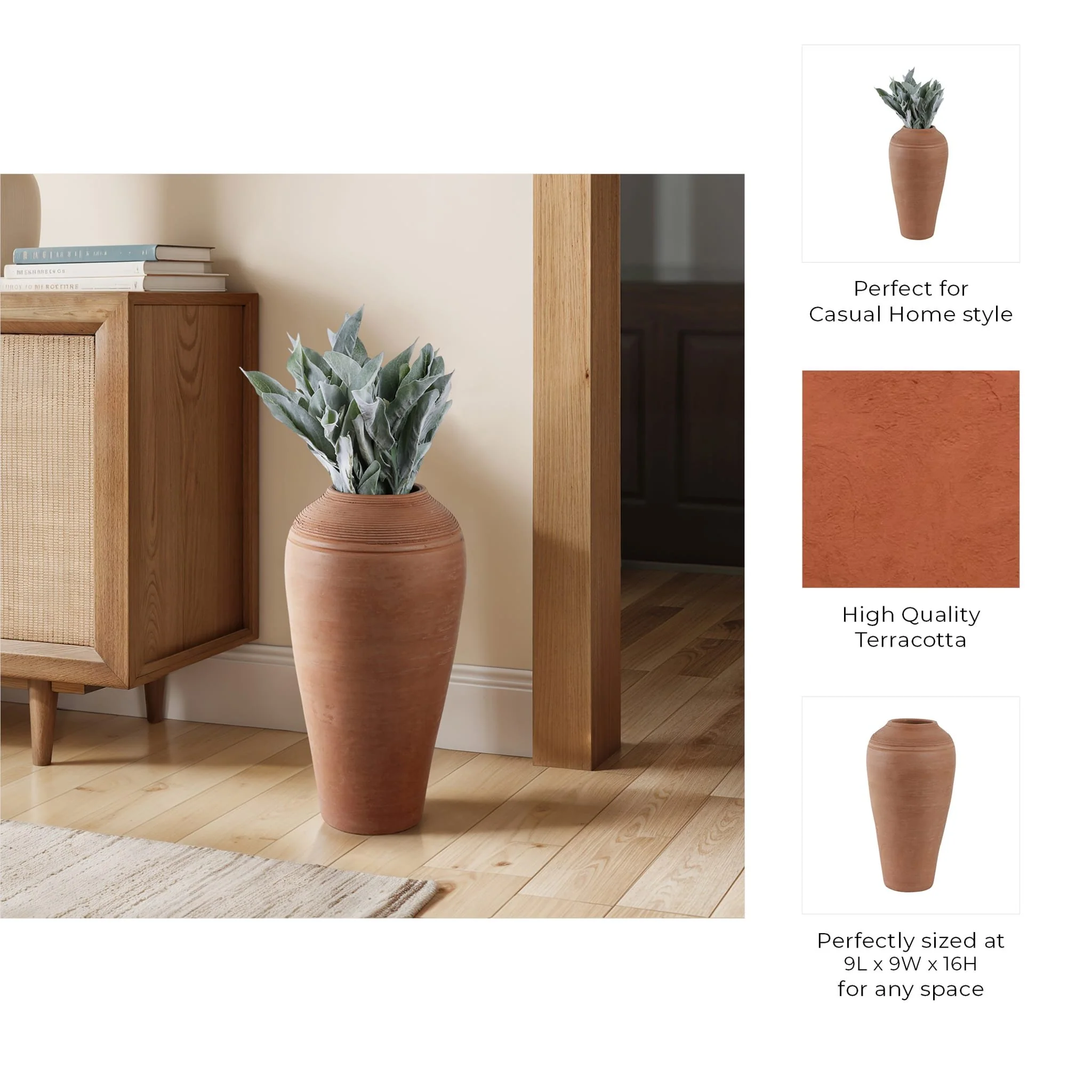 16x9" Terracotta Ribbed Floor Vase, Natural - Image 9