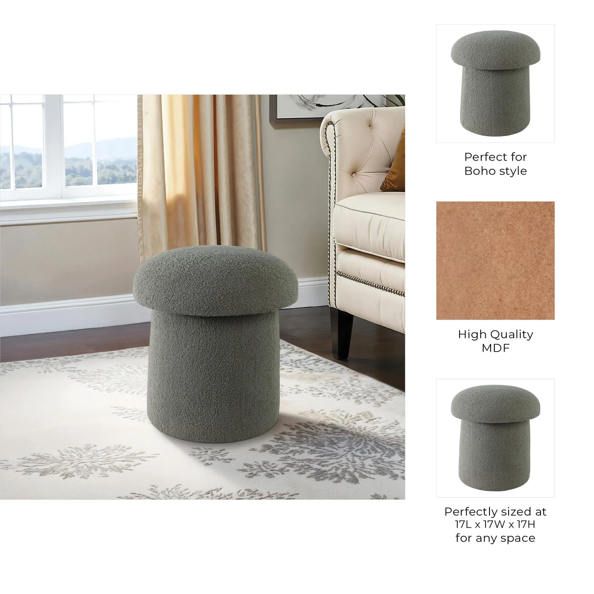 17x17" Mushroom Boucle Ottoman, Green - Image 10