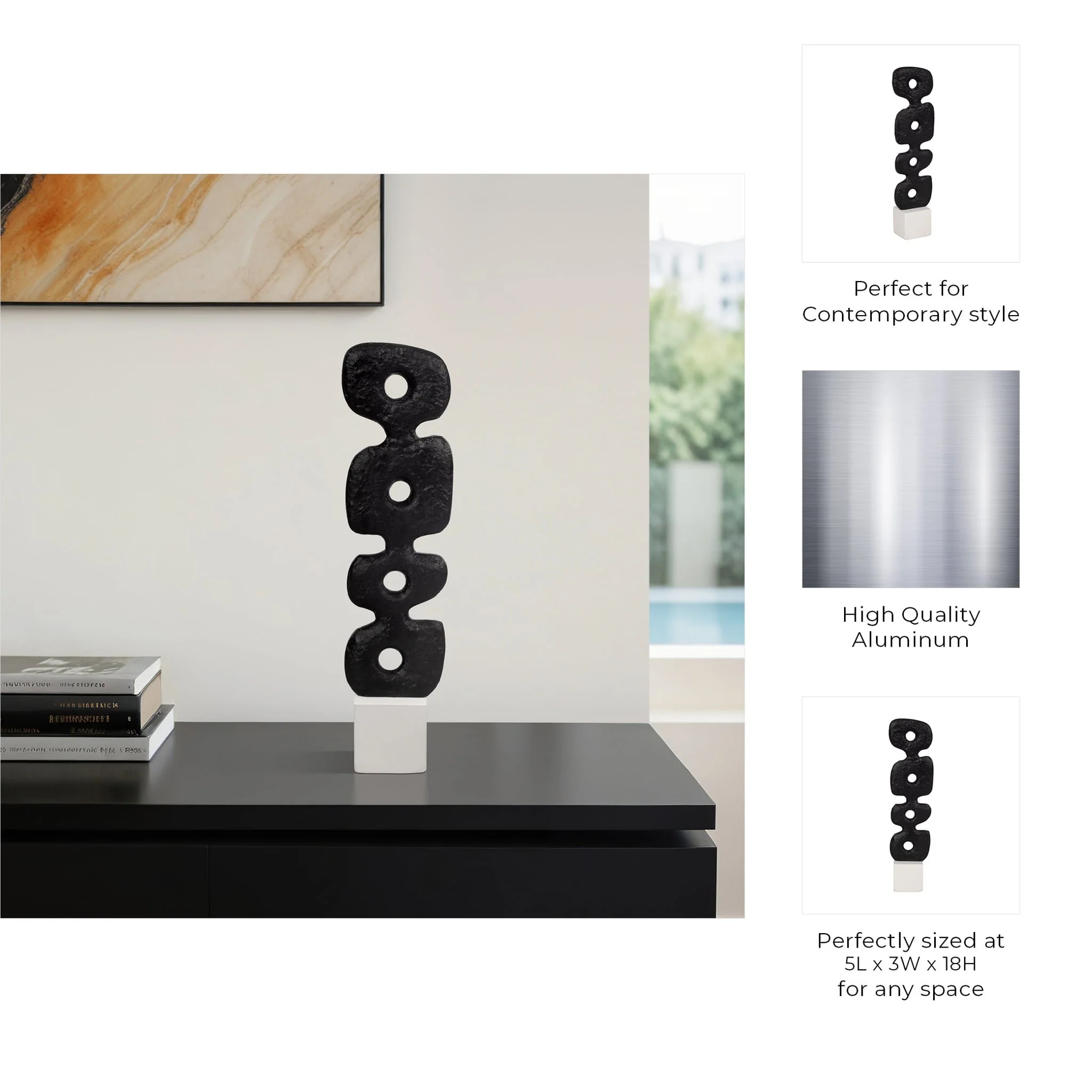 18" Abstract Totem Sculpture Marble Base, Black/w - Image 9