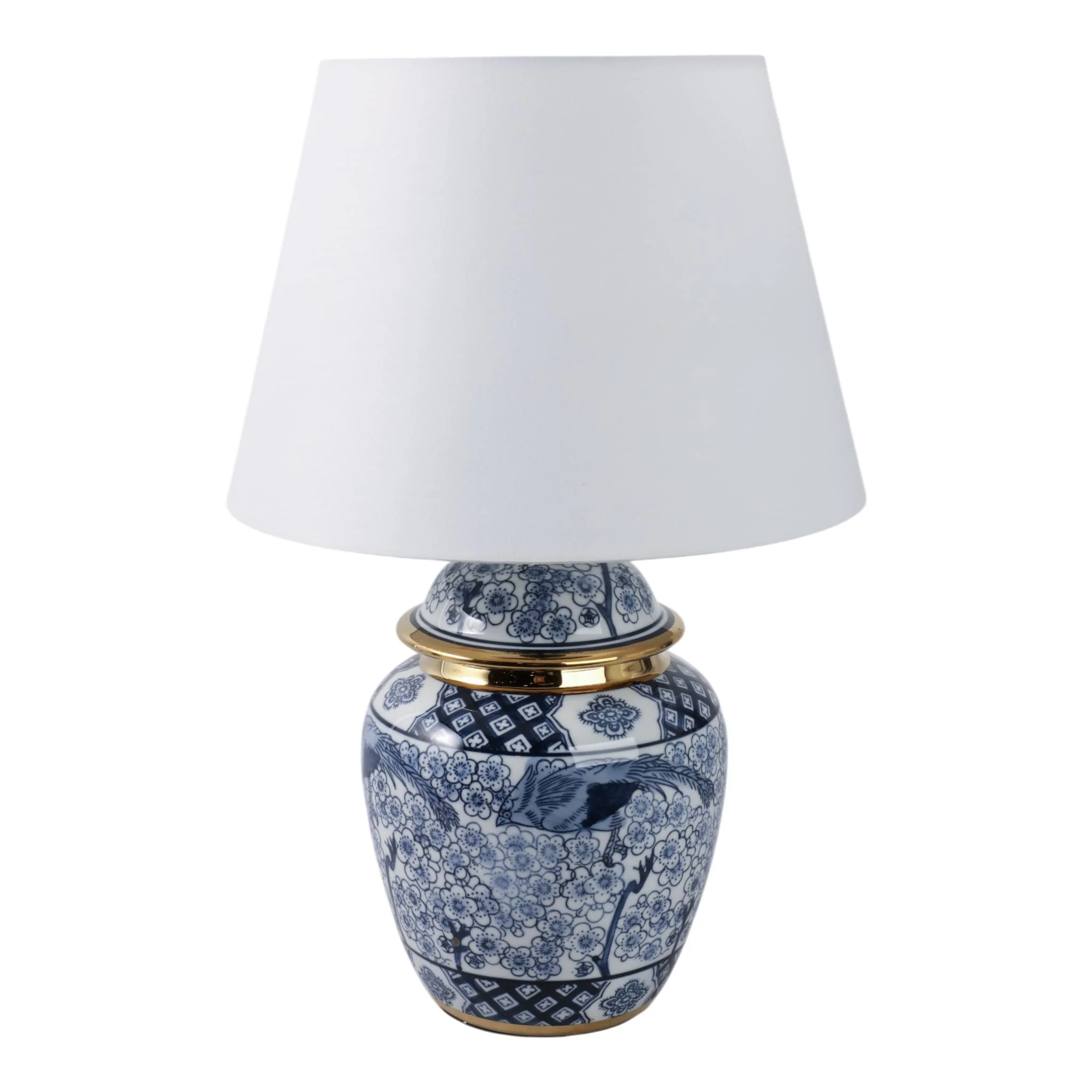 18" Chinoiserie Table Lamp Gold Trim, White/blue