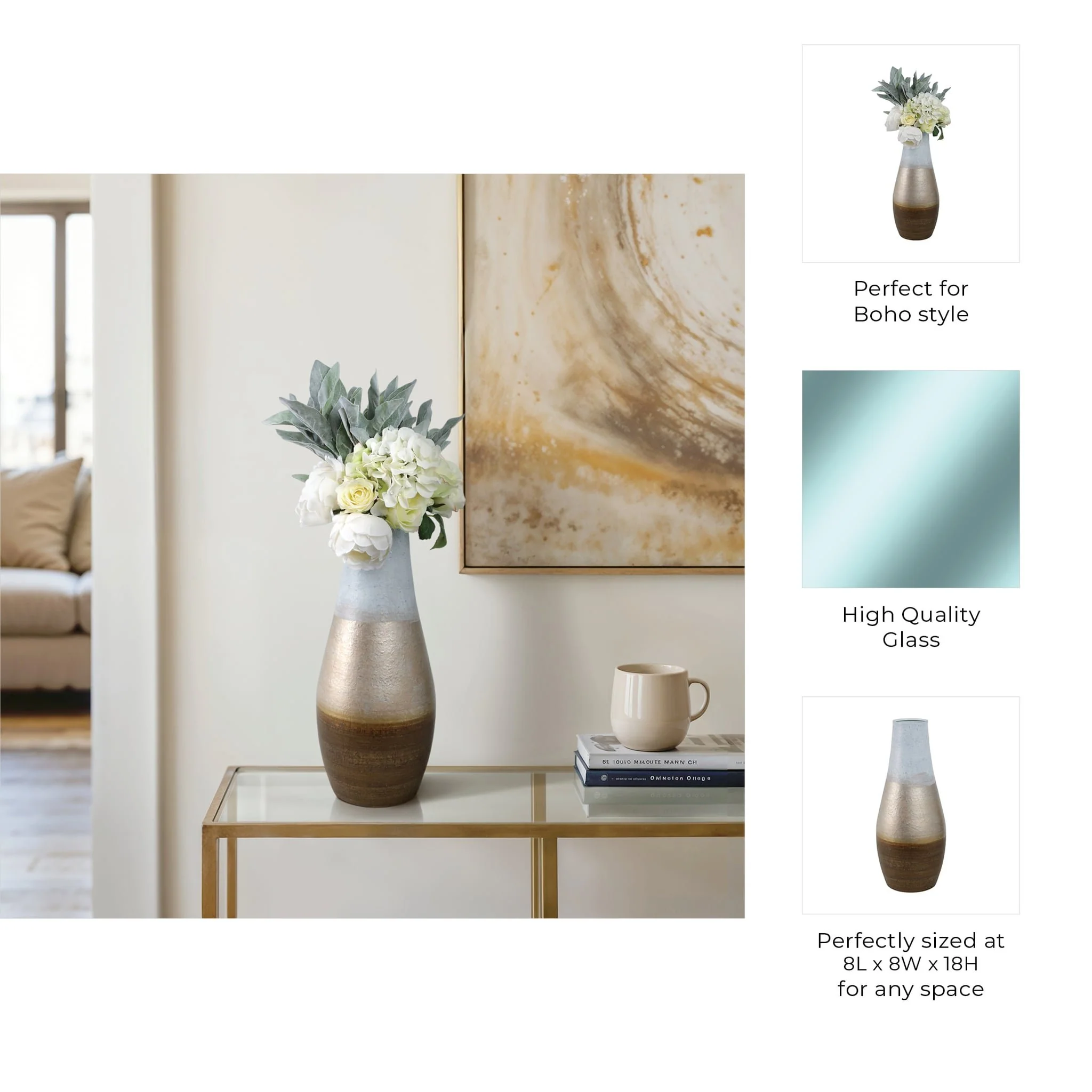18" Gold Ombre Metal Hourglass Vase, White/gold - Image 9