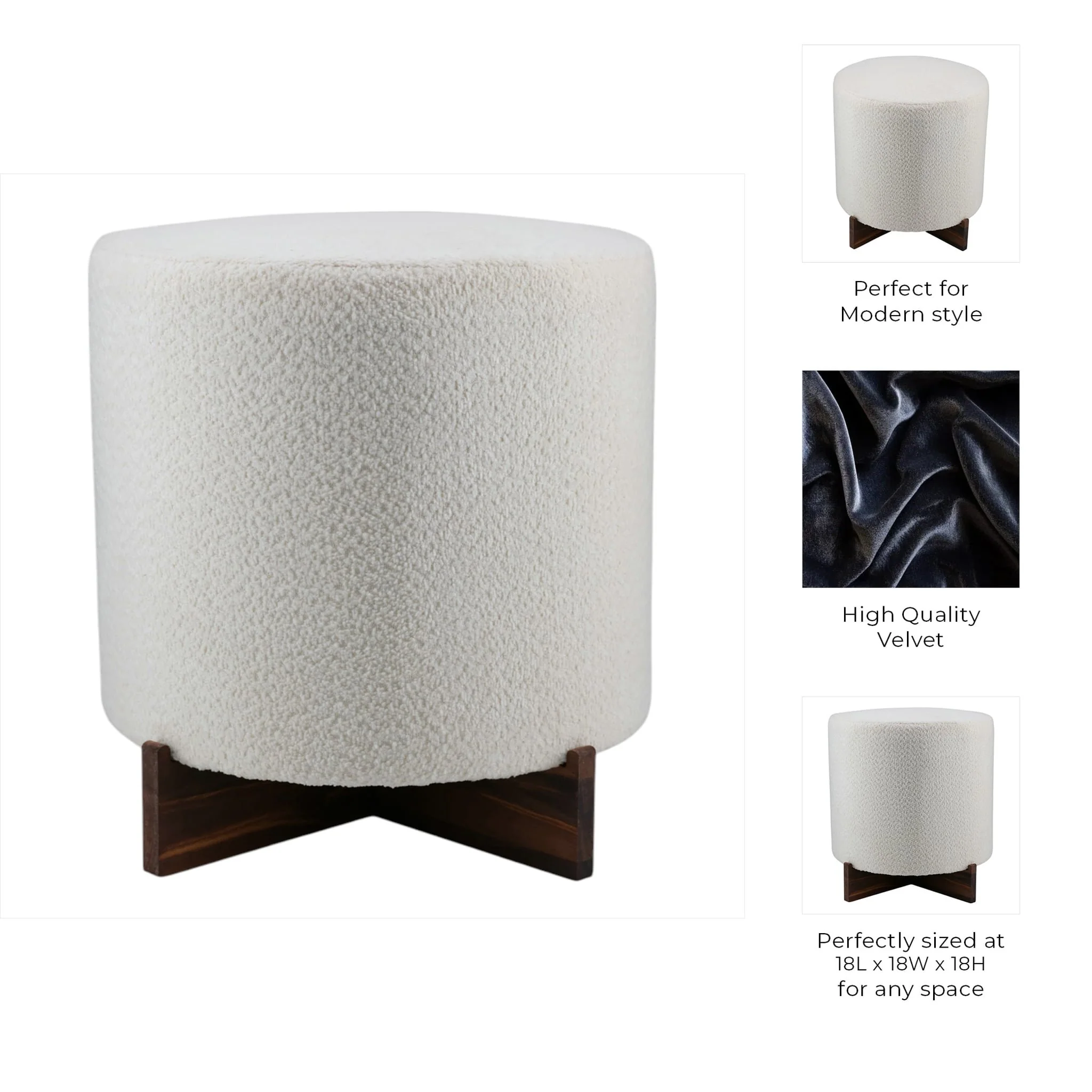 18" Modern Teddy Ottoman With Wood Base, Ivory - Image 2